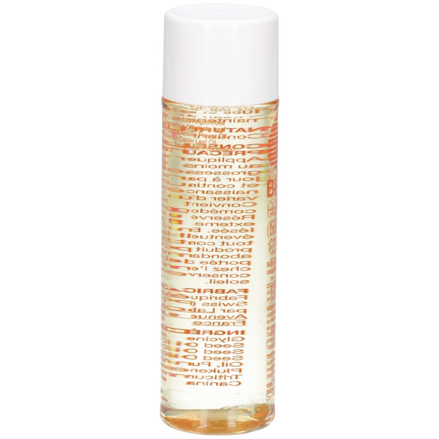 Zylindrische Flasche mit weißem Deckel. Text in Orange auf transparentem Hintergrund. Produktname und Informationen.