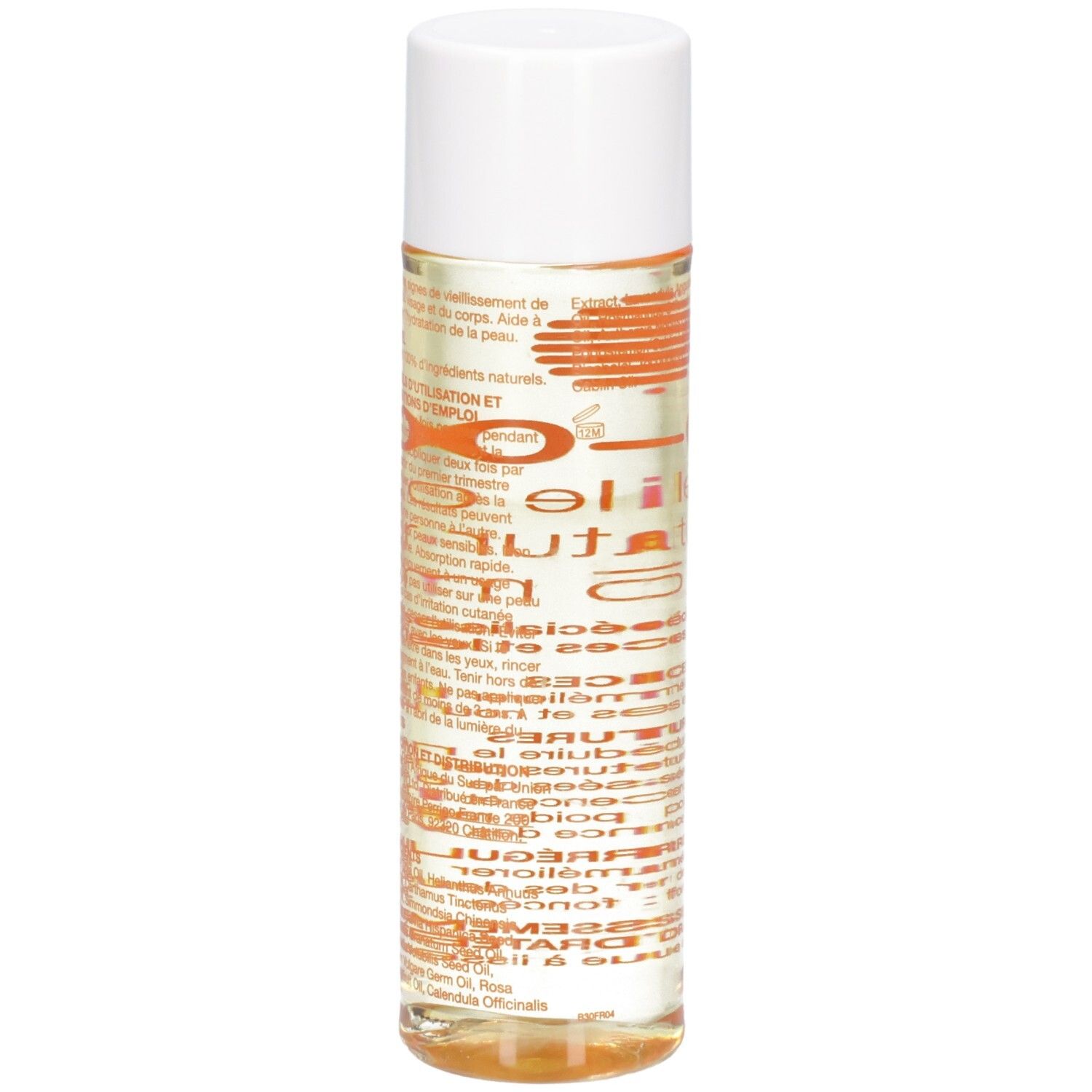 Zylindrische Flasche mit weißem Deckel. Text in Orange auf transparentem Hintergrund. Produktinformationen.