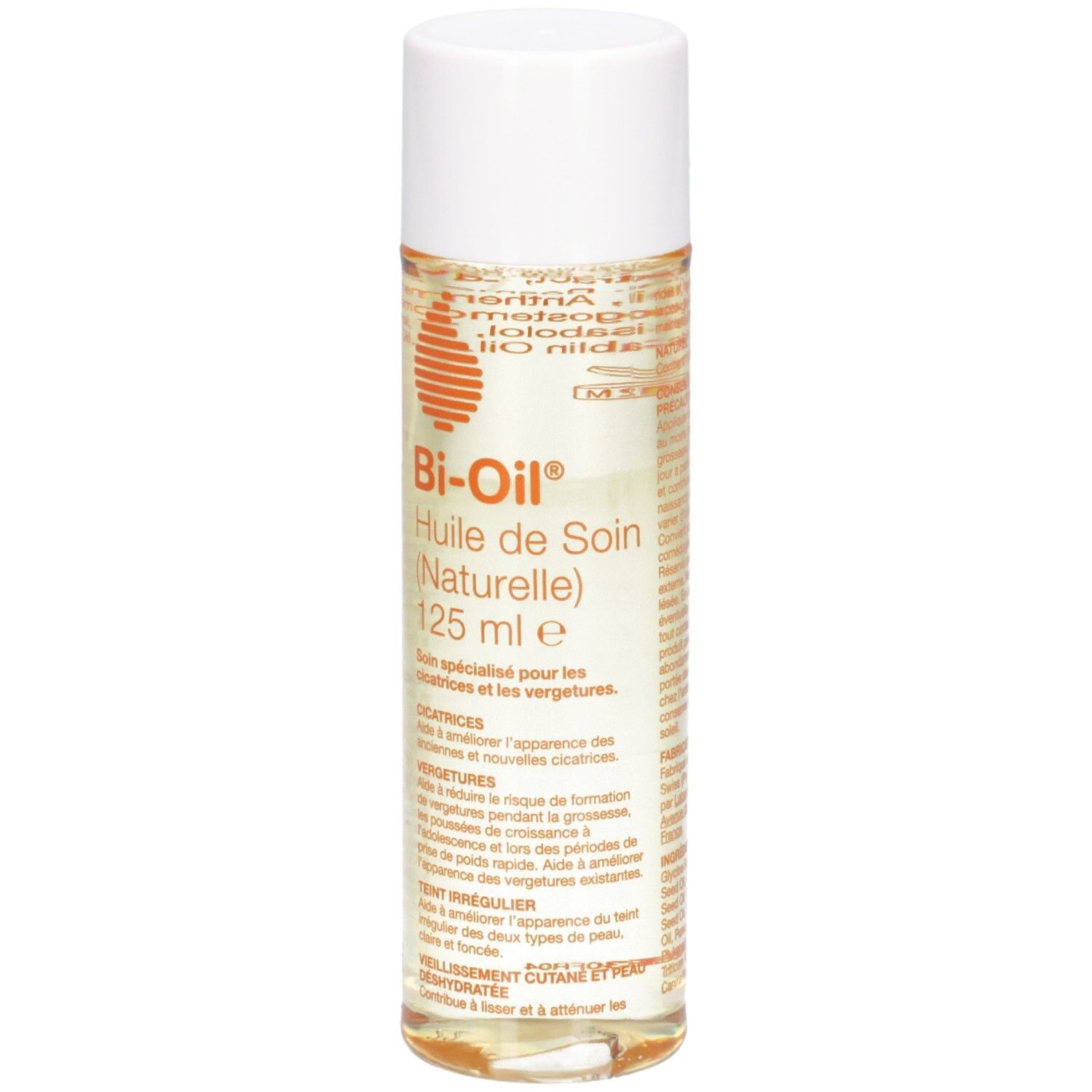 Zylindrische Flasche mit weißem Deckel. Aufschrift: Bi-Oil, Huile de Soin (Naturelle), 125 ml. Produktinformationen.
