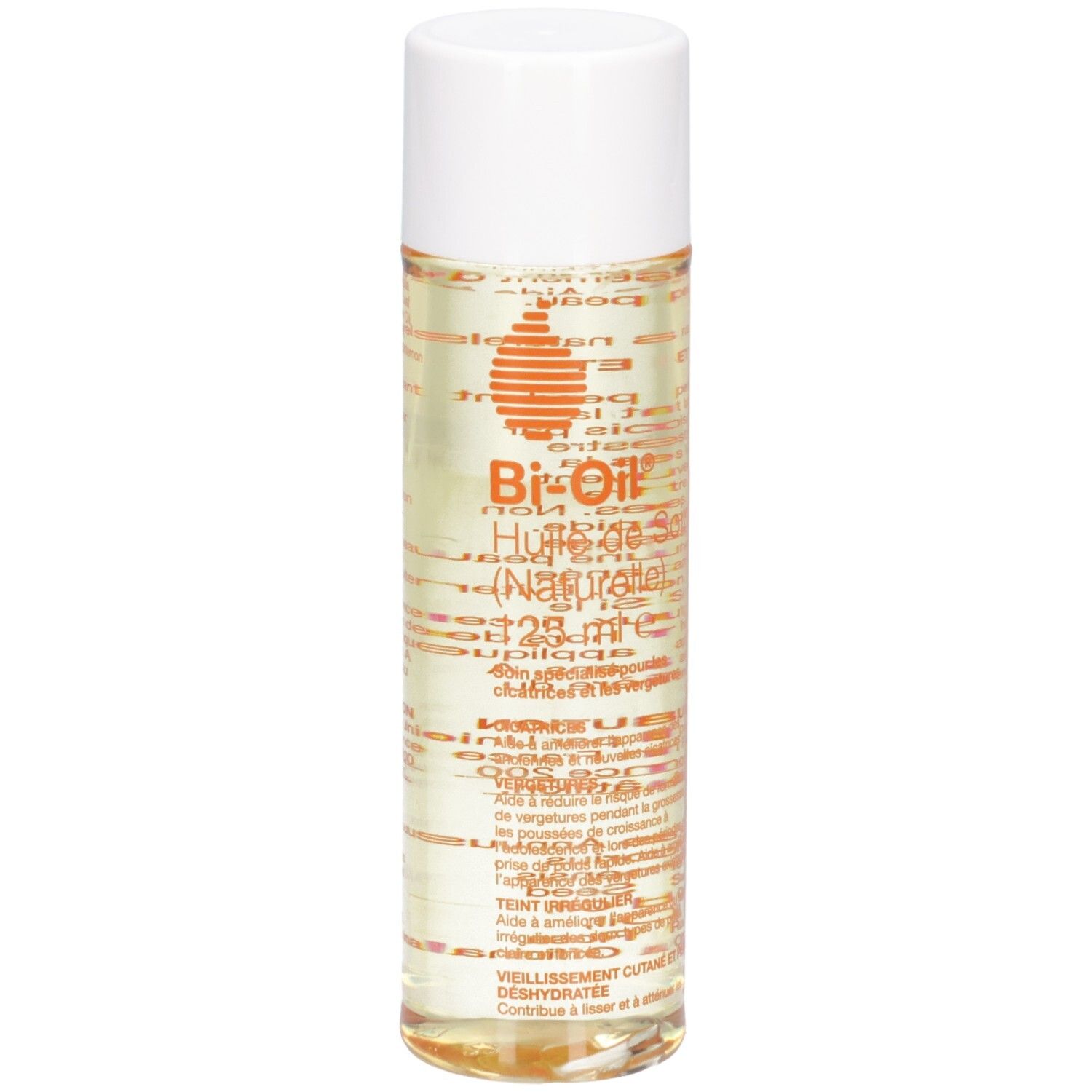 Zylindrische Flasche mit weißem Deckel. Aufschrift: Bi-Oil, Huile de Soin (Naturelle), 125 ml. Produktinformationen.