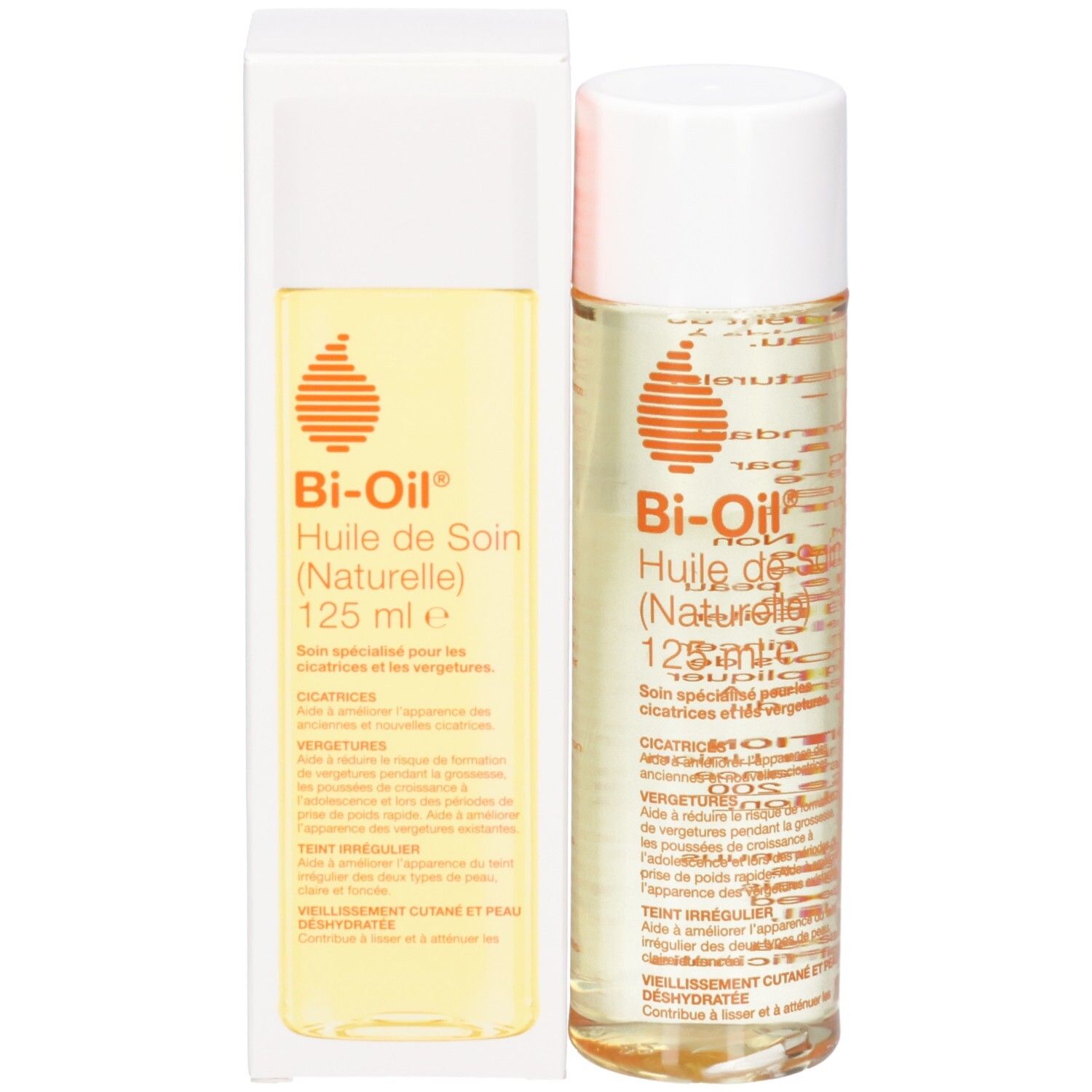 Produktflasche und Verpackung. Aufschrift: Bi-Oil, Huile de Soin (Naturelle), 125 ml. Verpackung mit Produktinformationen.