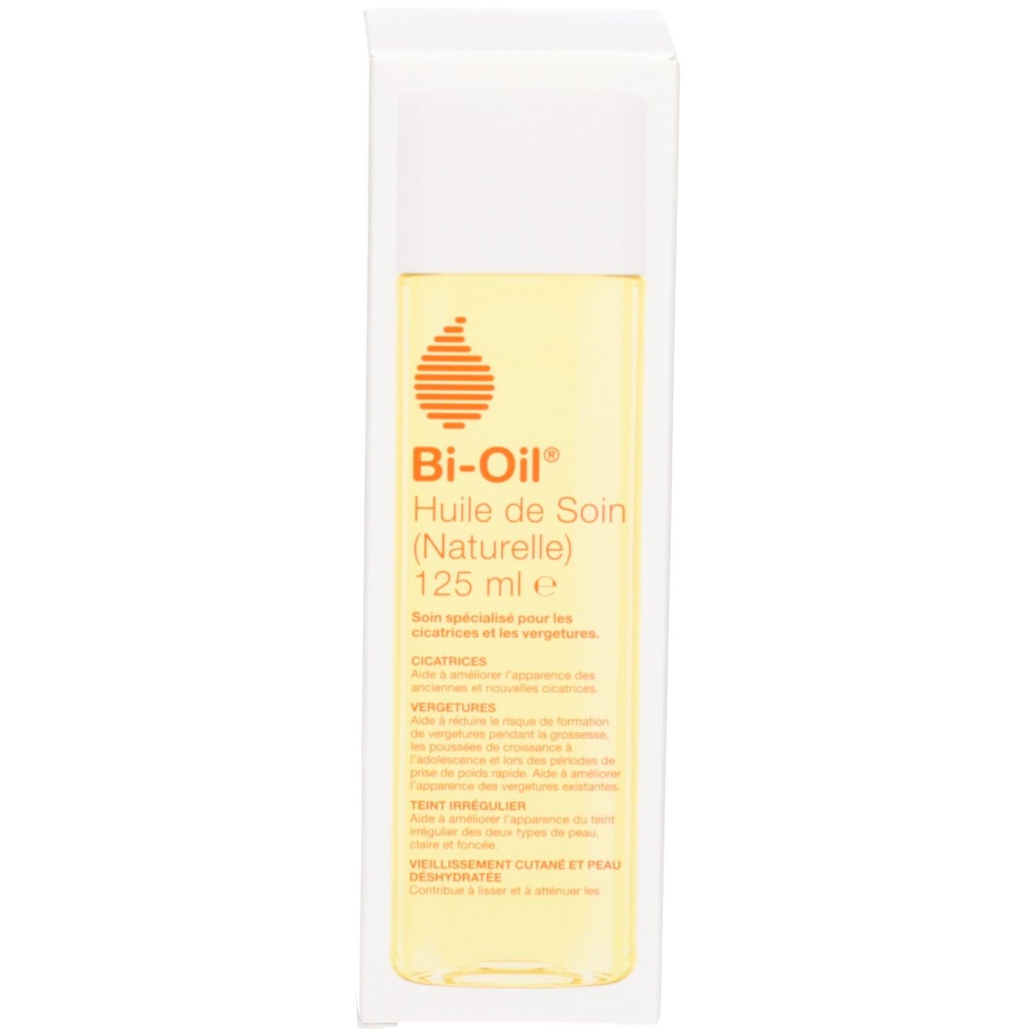 Produktflasche und Verpackung. Aufschrift: Bi-Oil, Huile de Soin (Naturelle), 125 ml. Verpackung mit Produktinformationen.