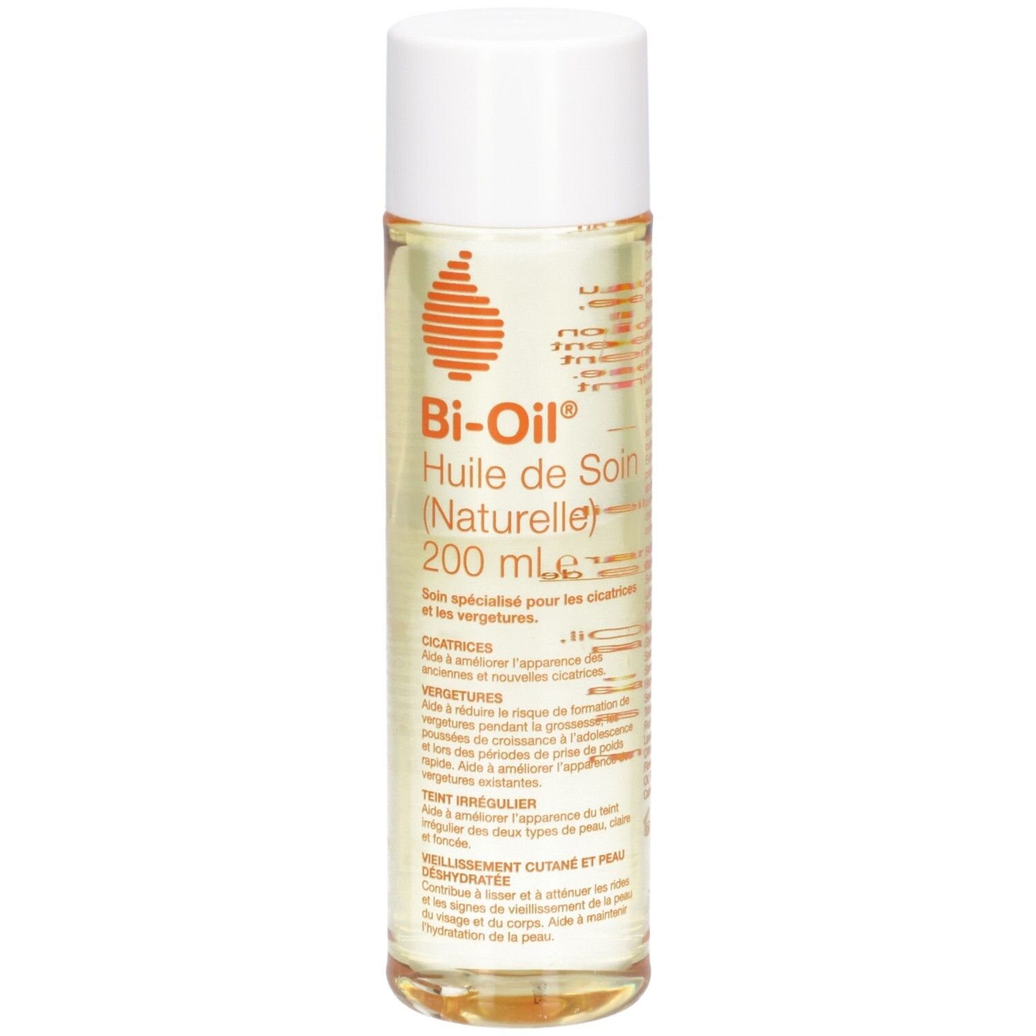 Flacon Bi-Oil, liquide transparent, bouchon blanc. Étiquette avec informations produit.