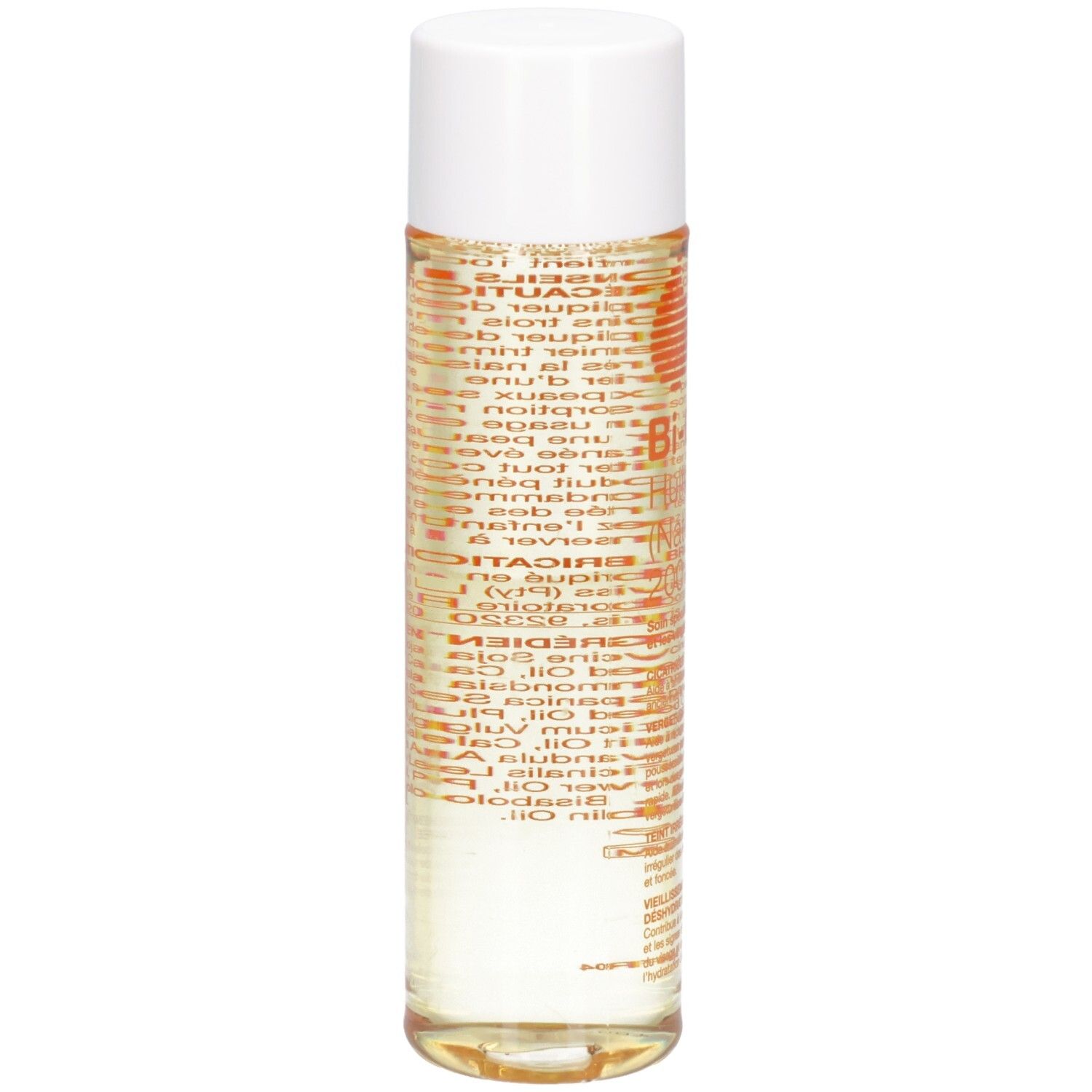 Flacon Bi-Oil, liquide transparent, bouchon blanc. Étiquette avec texte multilingue.
