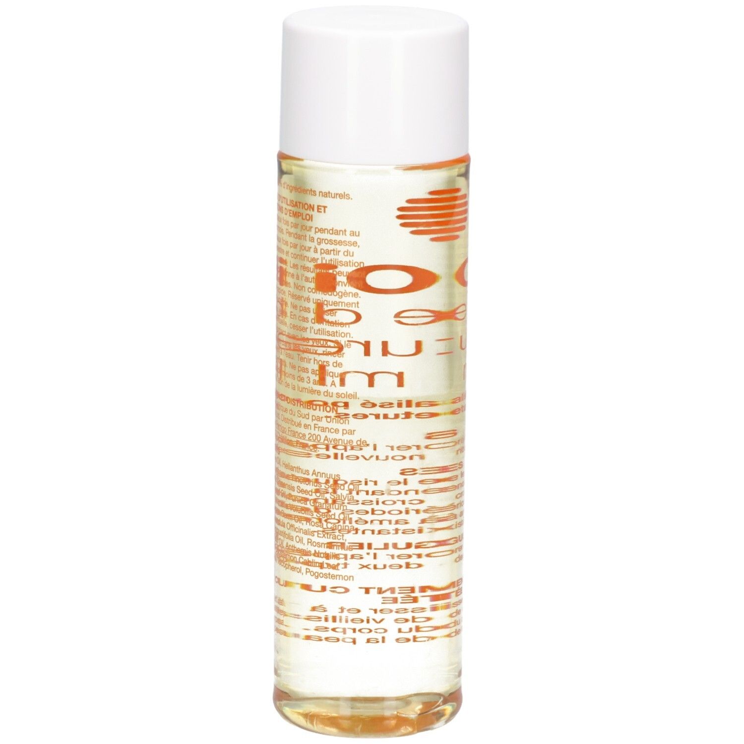 Flacon Bi-Oil, liquide transparent, bouchon blanc. Étiquette avec texte multilingue.