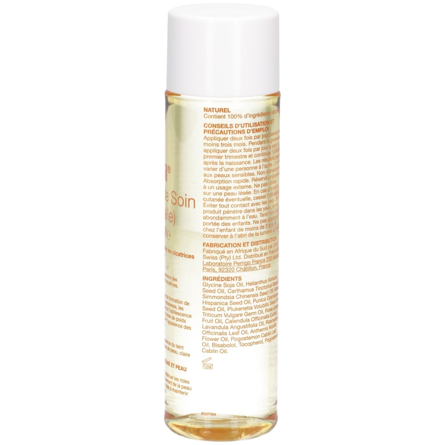 Flacon Bi-Oil, liquide transparent, bouchon blanc. Étiquette avec ingrédients et conseils d'utilisation.