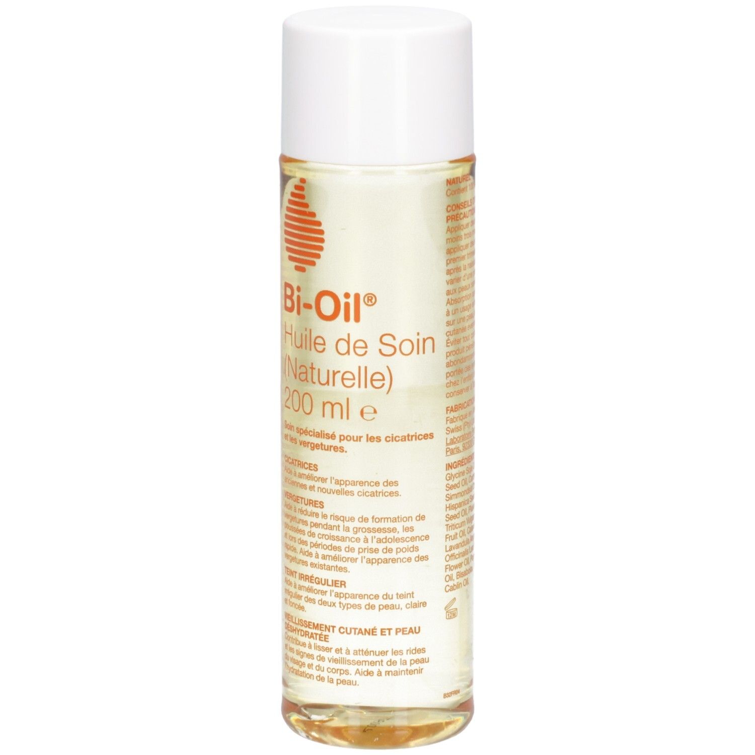 Flacon Bi-Oil, liquide transparent, bouchon blanc. Étiquette avec informations produit.
