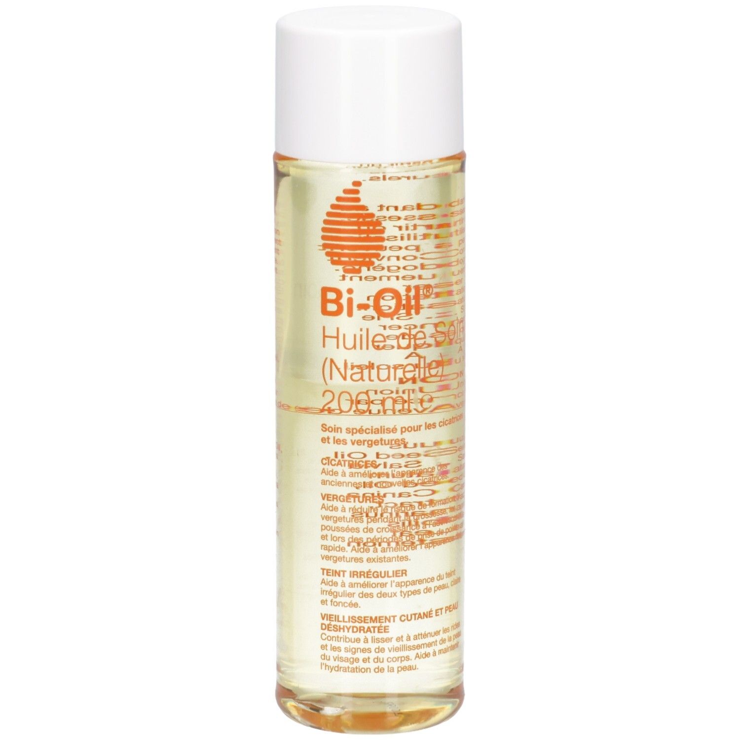 Flacon Bi-Oil, liquide transparent, bouchon blanc. Étiquette avec informations produit.