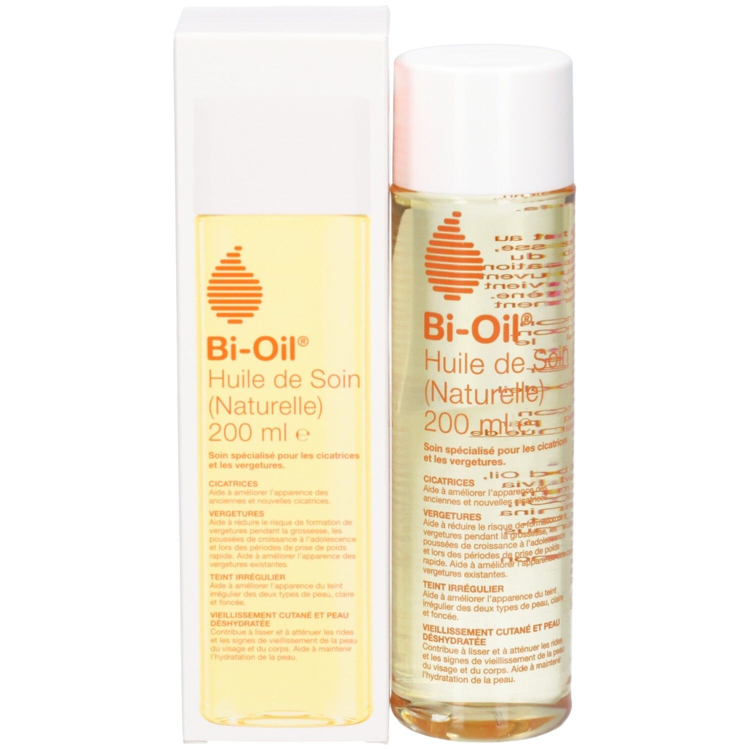 Flacon et emballage Bi-Oil. Liquide transparent, bouchon blanc. Étiquette avec informations produit.