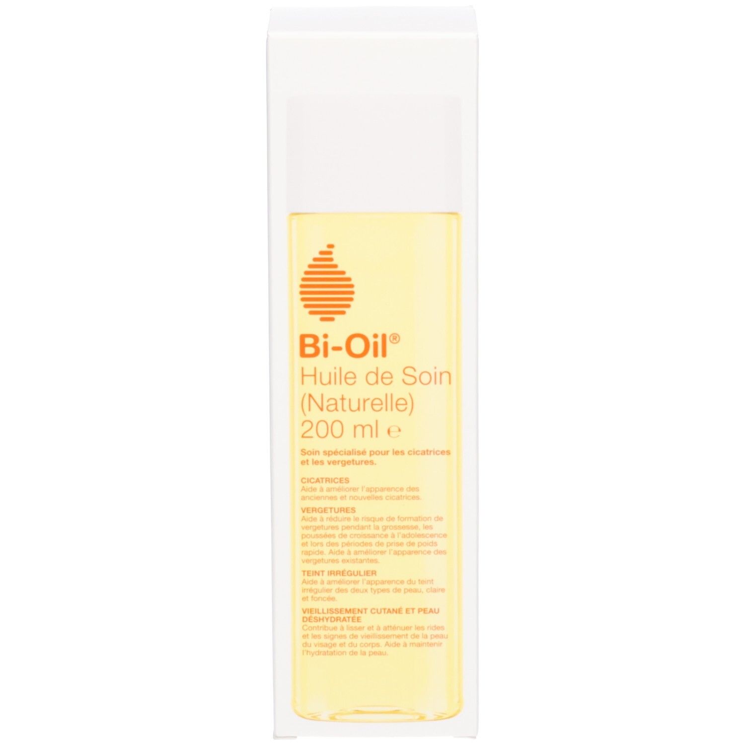Flacon Bi-Oil dans son emballage. Liquide transparent, bouchon blanc. Étiquette avec informations.