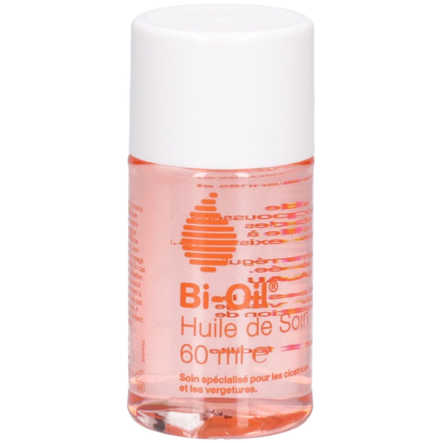 Zylindrische Flasche mit weißem Deckel. Aufschrift: Bi-Oil Huile de Soin. Rosa Flüssigkeit sichtbar.