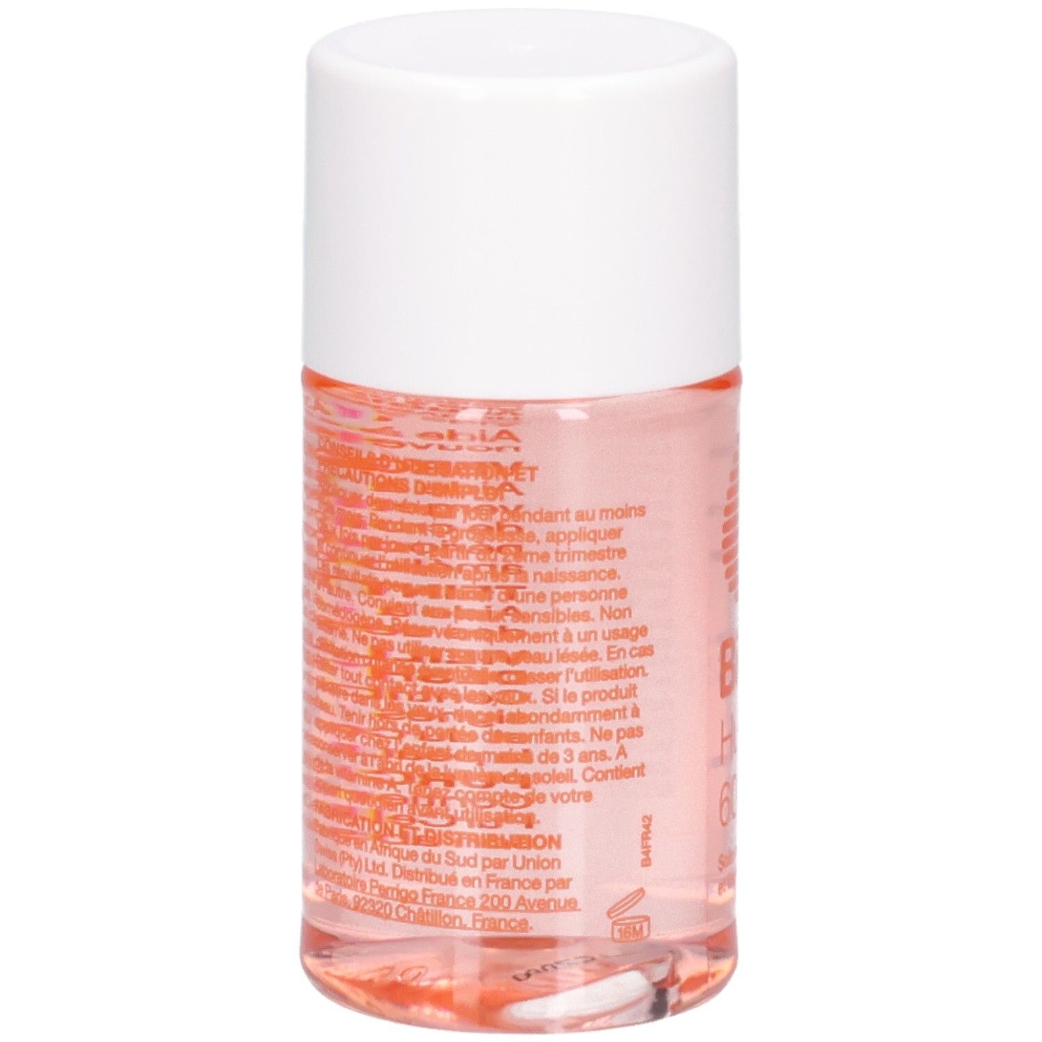 Rückseite der Flasche. Text in Orange. Weißer Deckel. Rosa Flüssigkeit sichtbar.