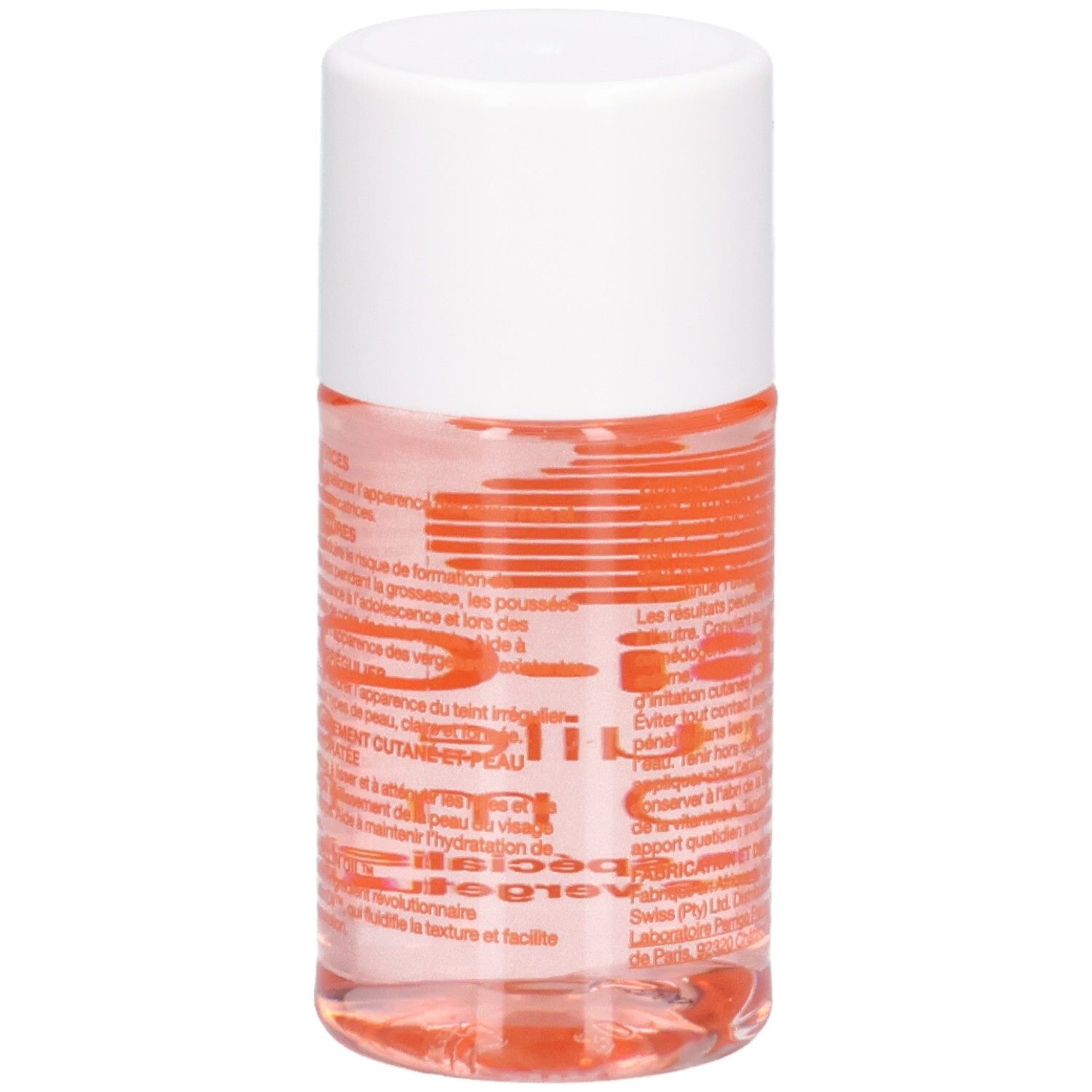 Rückseite der Flasche. Text in Orange. Weißer Deckel. Rosa Flüssigkeit sichtbar.