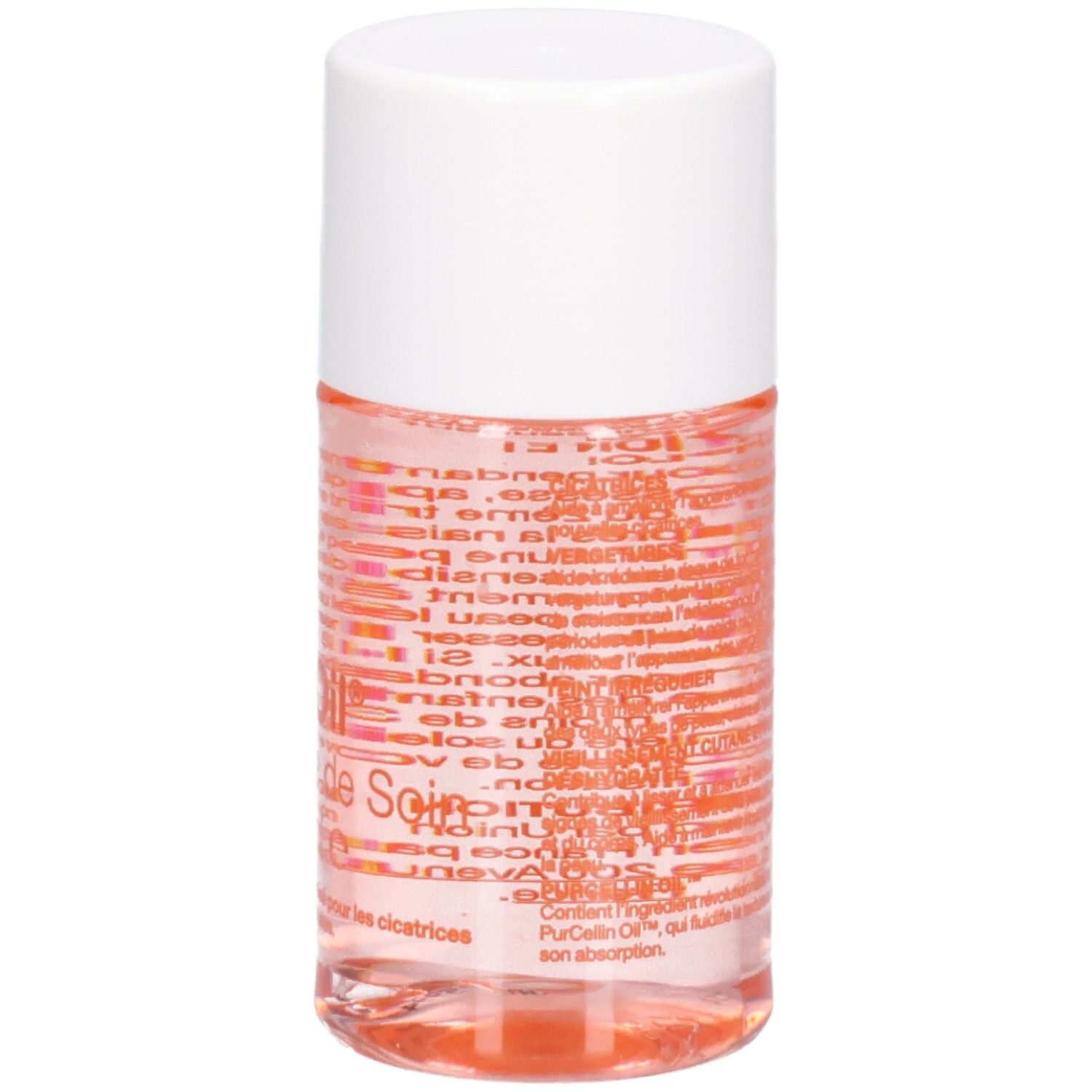 Rückseite der Flasche. Text in Orange. Weißer Deckel. Rosa Flüssigkeit sichtbar.