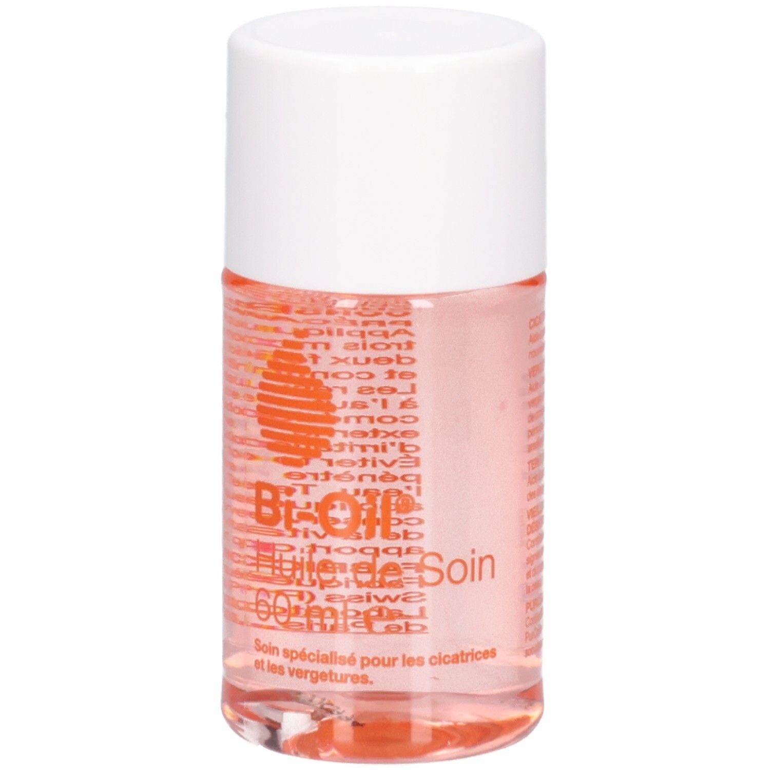 Zylindrische Flasche mit weißem Deckel. Aufschrift: Bi-Oil Huile de Soin. Rosa Flüssigkeit sichtbar.