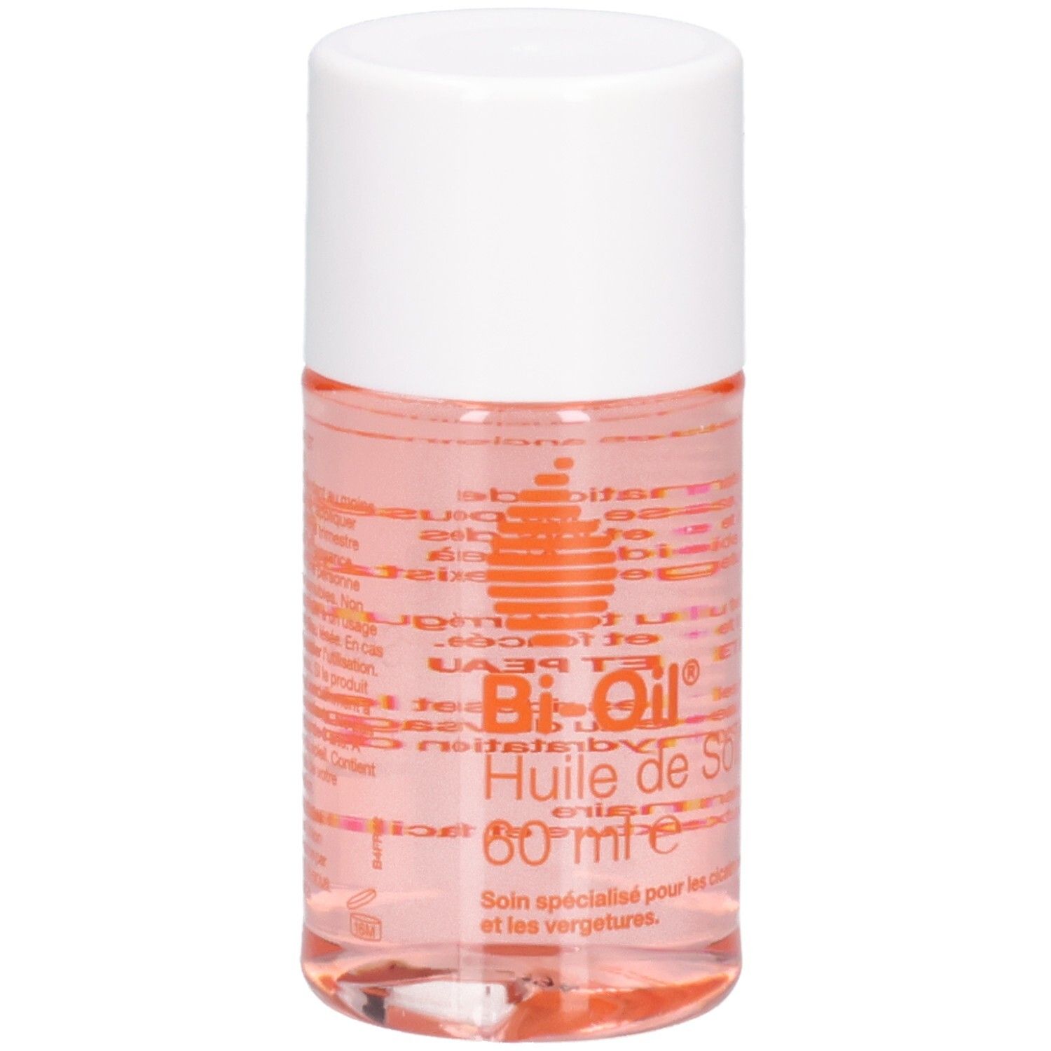 Zylindrische Flasche mit weißem Deckel. Aufschrift: Bi-Oil Huile de Soin. Rosa Flüssigkeit sichtbar.