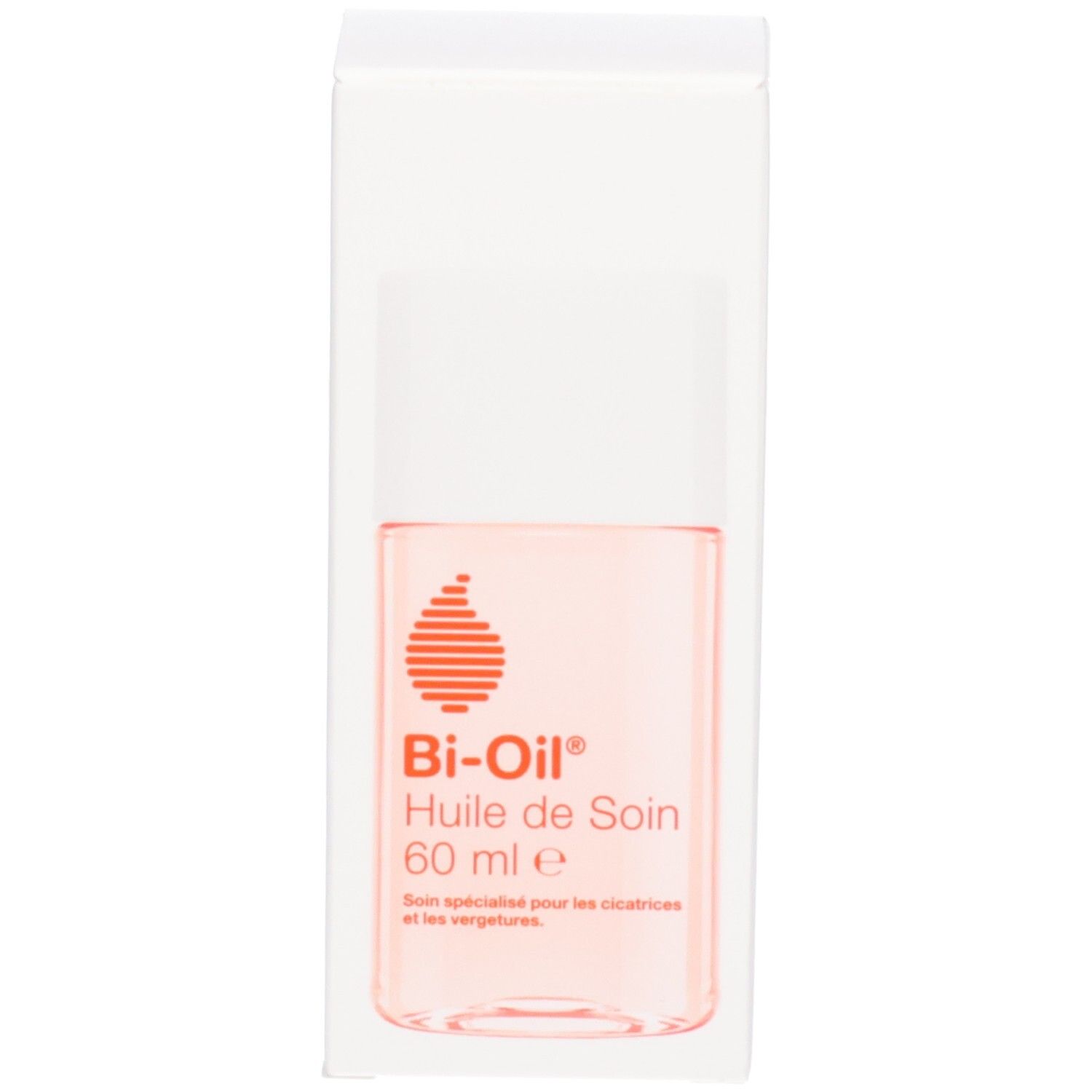 Produkt und Verpackung. Schachtel. Aufschrift: Bi-Oil Huile de Soin. Logo.