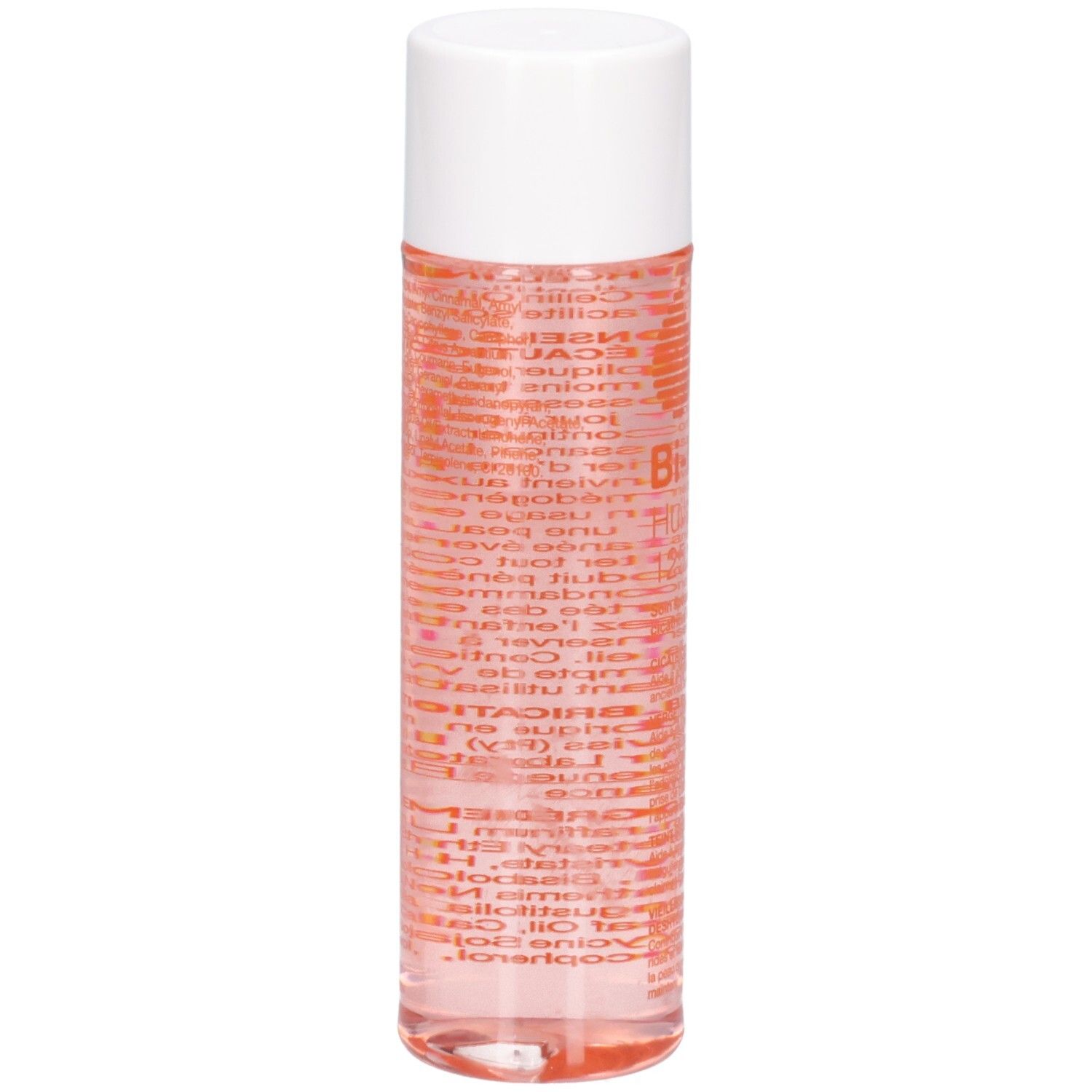 Zylindrische Flasche mit weißem Deckel. Rosa Flüssigkeit sichtbar. Etikett mit Text in roter Schrift. Produktname und Informationen.