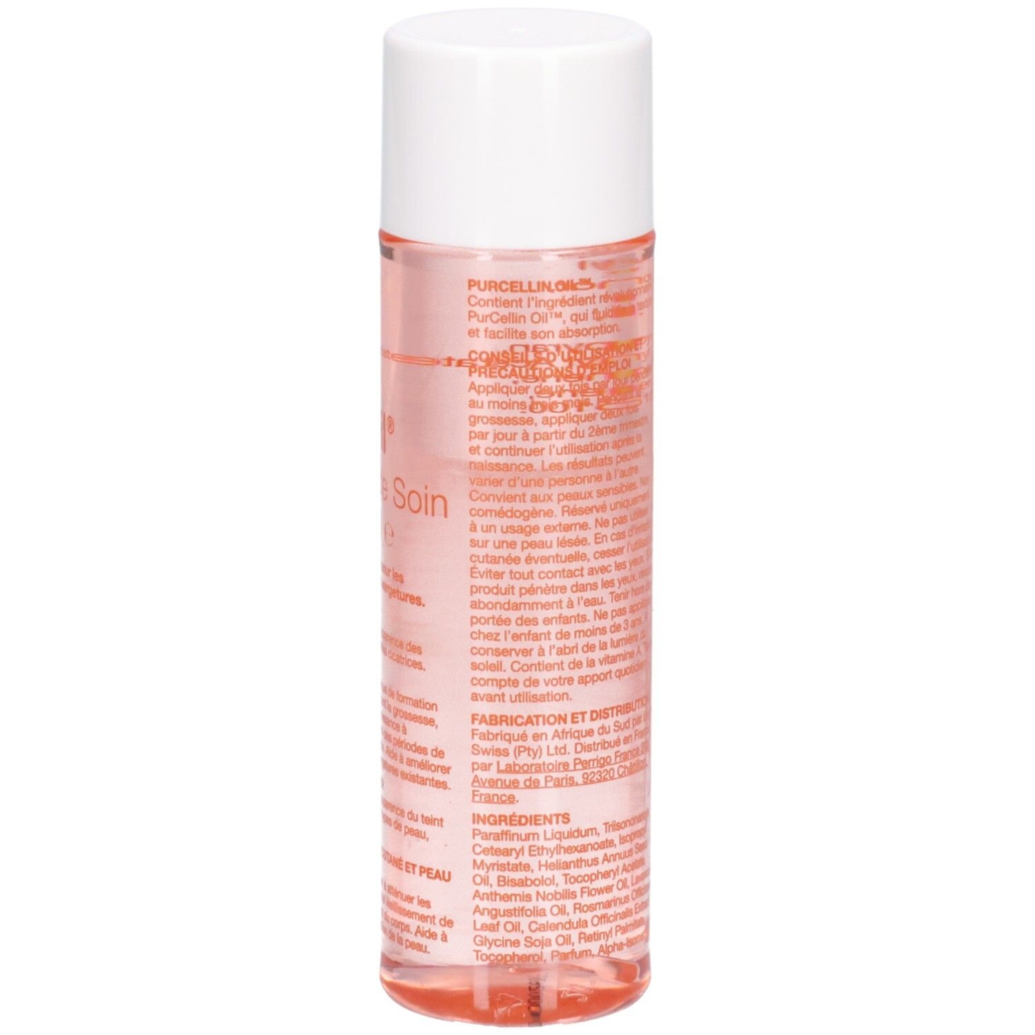 Zylindrische Flasche mit weißem Deckel. Rosa Flüssigkeit sichtbar. Etikett mit Text in roter Schrift. Produktname und Informationen.