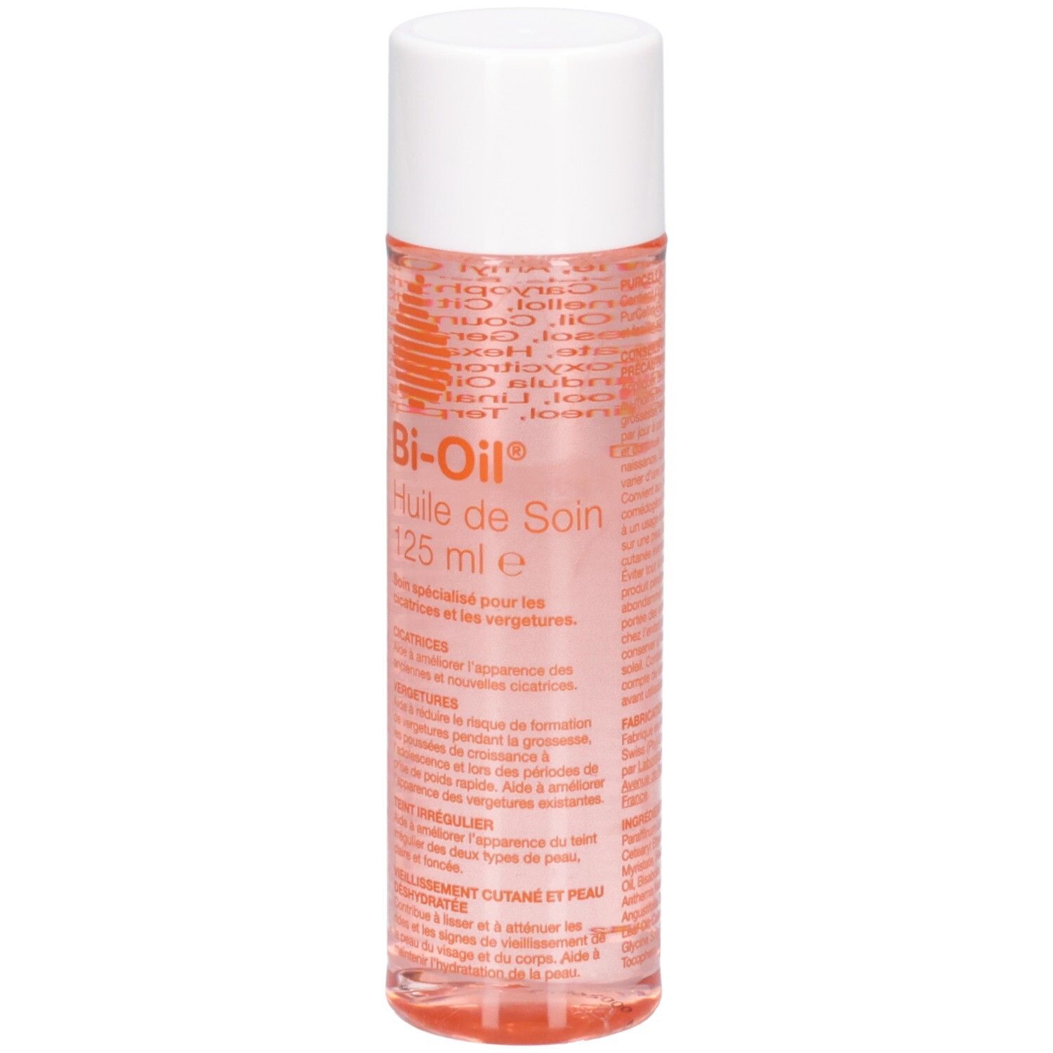 Zylindrische Flasche mit weißem Deckel. Rosa Flüssigkeit sichtbar. Text: Bi-Oil Huile de Soin, 125 ml e. Spezifische Informationen auf dem Etikett.