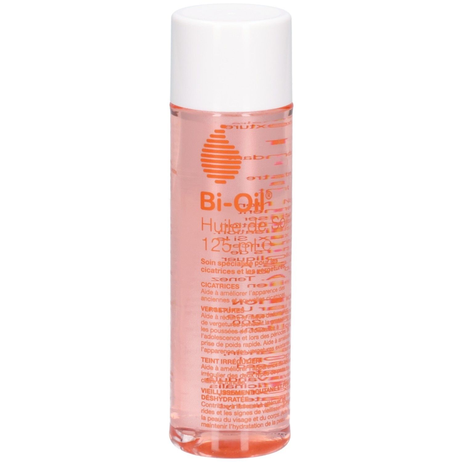 Zylindrische Flasche mit weißem Deckel. Rosa Flüssigkeit sichtbar. Text: Bi-Oil Huile de Soin, 125 ml e. Spezifische Informationen auf dem Etikett.