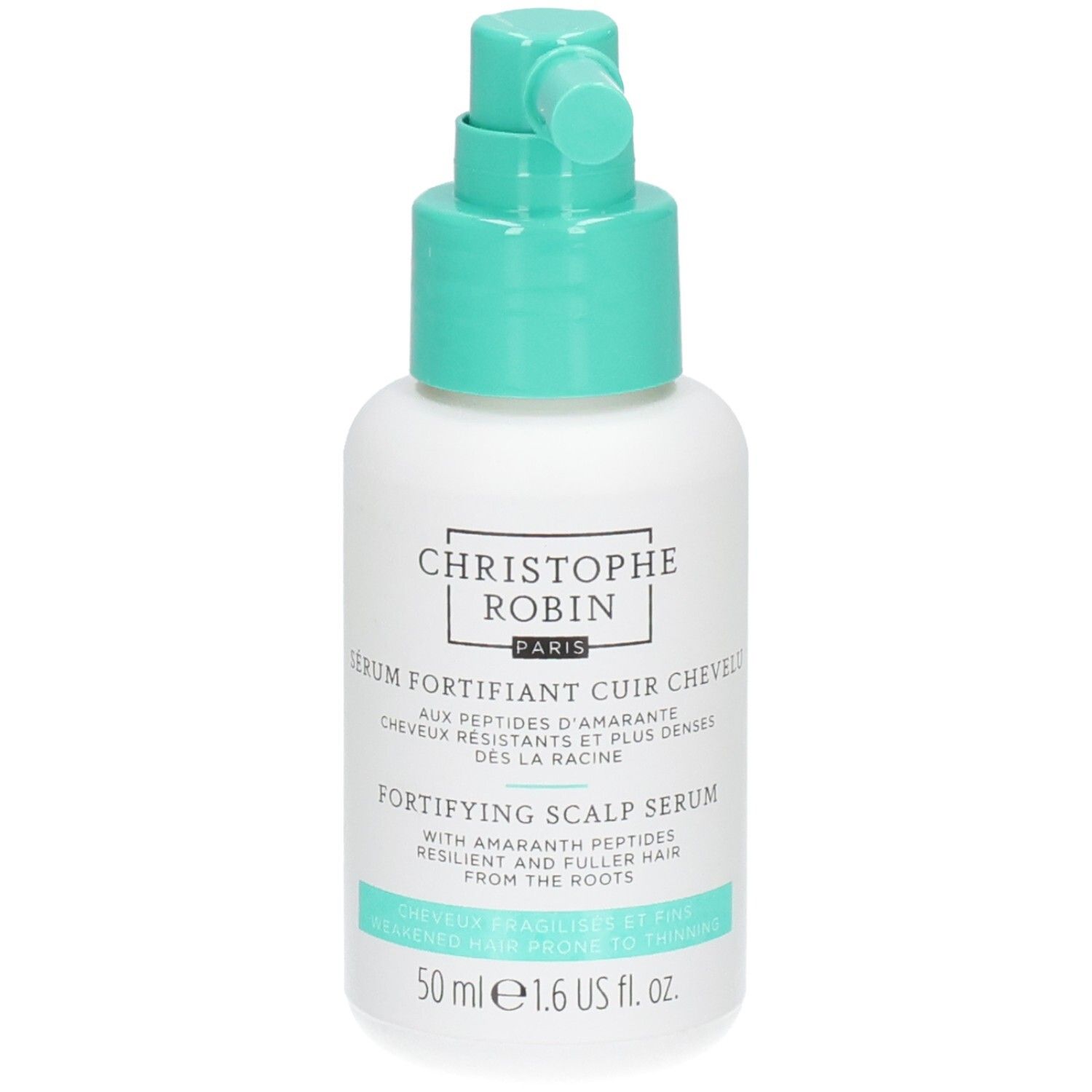 Weiße Flasche mit türkisfarbenem Sprühkopf. Beschriftung: SÉRUM FORTIFIANT CUIR CHEVELU, FORTIFYING SCALP SERUM. 50 ml.