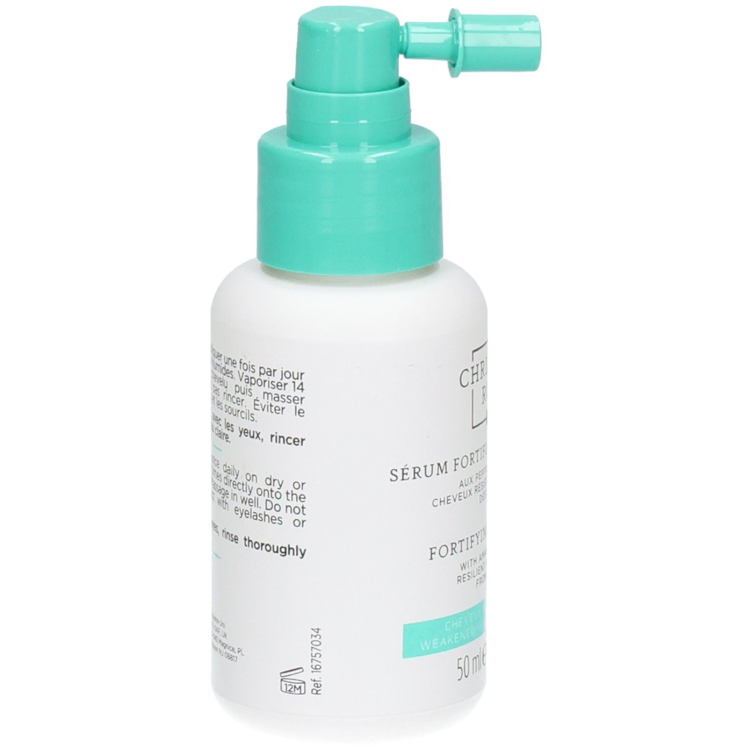 Rückseite einer weißen Flasche mit türkisfarbenem Sprühkopf. Text: Anwendungshinweise und Inhaltsstoffe. 50 ml.