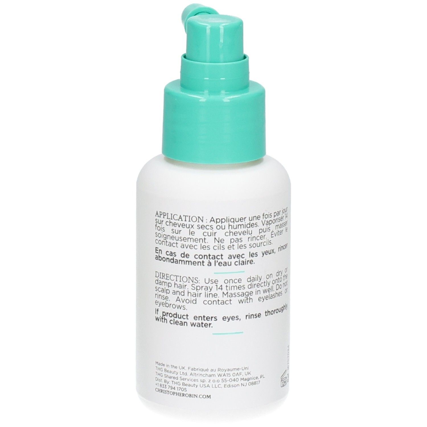 Rückseite einer weißen Flasche mit türkisfarbenem Sprühkopf. Text: Anwendungshinweise und Inhaltsstoffe. 50 ml.