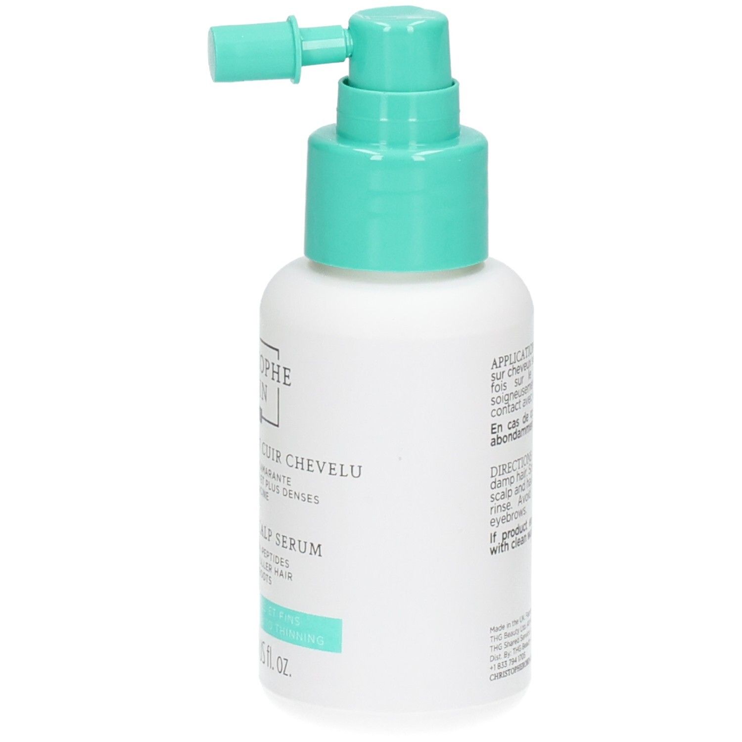 Weiße Flasche mit türkisfarbenem Sprühkopf. Beschriftung: SÉRUM FORTIFIANT CUIR CHEVELU, FORTIFYING SCALP SERUM. 50 ml.