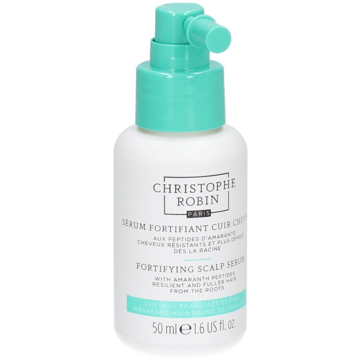 Weiße Flasche mit türkisfarbenem Sprühkopf. Beschriftung: SÉRUM FORTIFIANT CUIR CHEVELU, FORTIFYING SCALP SERUM. 50 ml.
