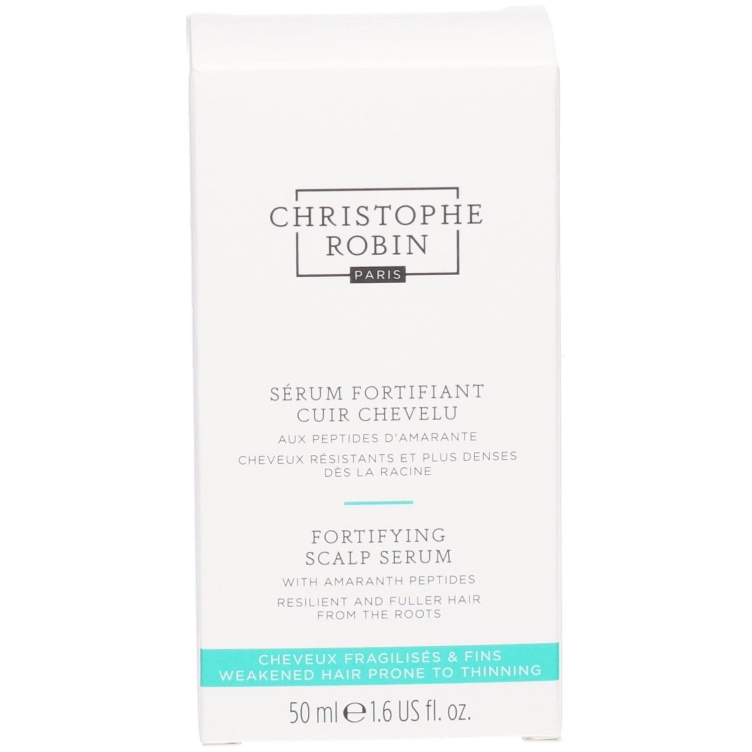 Weiße Produktverpackung. Beschriftung: SÉRUM FORTIFIANT CUIR CHEVELU, FORTIFYING SCALP SERUM. 50 ml.