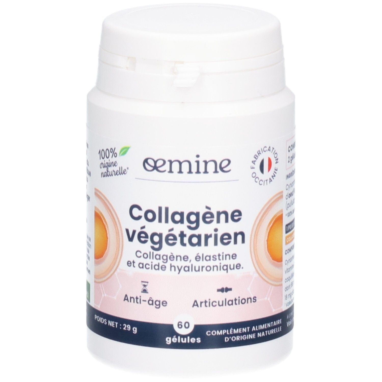 Face avant de la boîte de capsules Oemine Collagène végétarien, 60 gélules, mettant en avant le nom du produit.