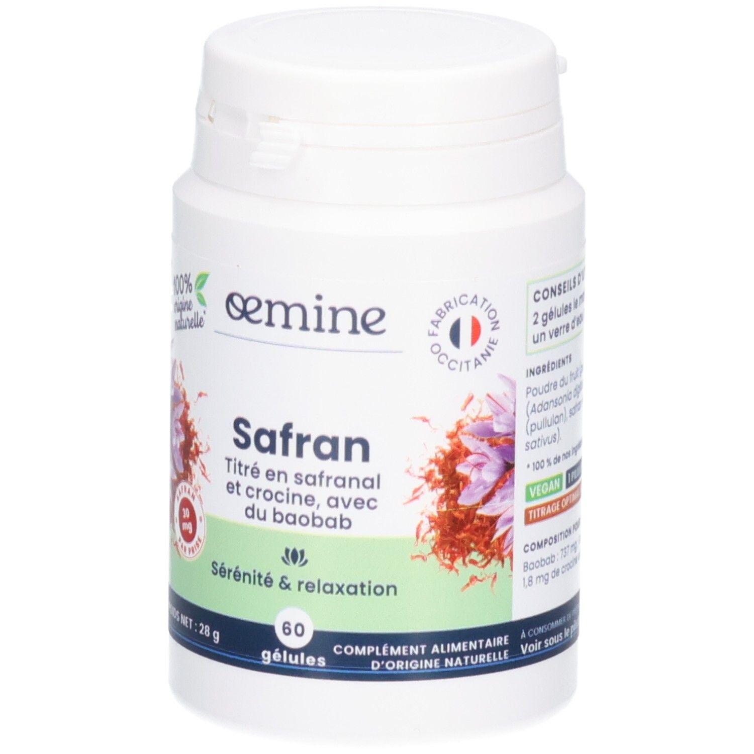 Oemine Safran Kapseln: Vorderseite des Behälters mit Saffran-Illustration und Produktbezeichnung.