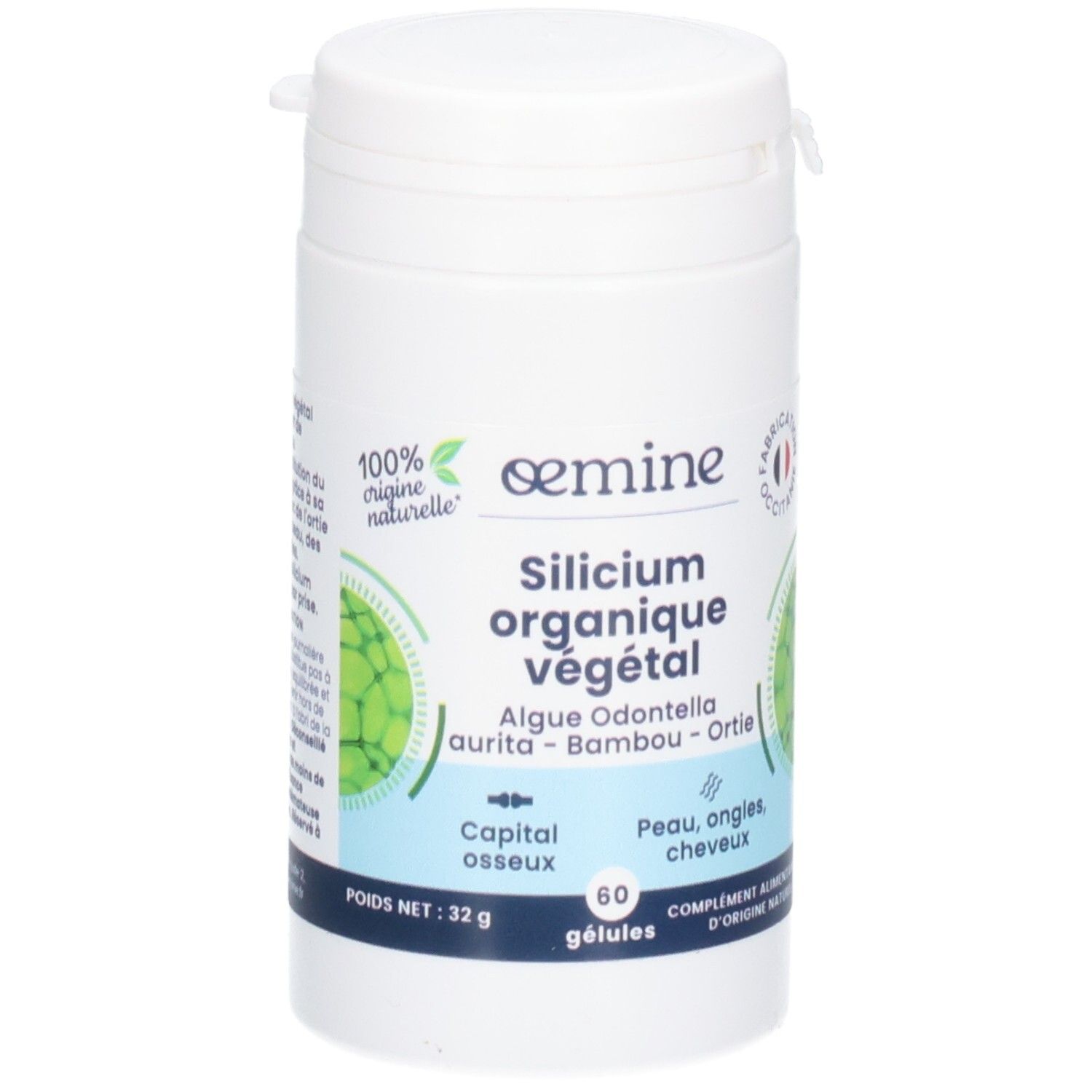 Weiße Dose mit 60 Kapseln "Silicium Organique Végétal". Nettogewicht 32g.