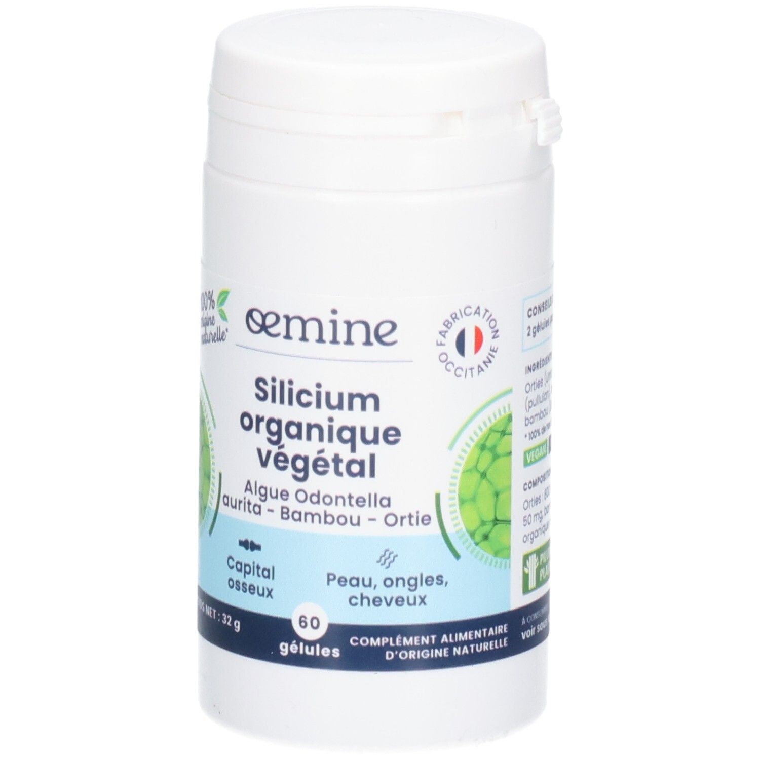 Weiße Dose mit 60 Kapseln "Silicium Organique Végétal". Hergestellt in Okzitanien.