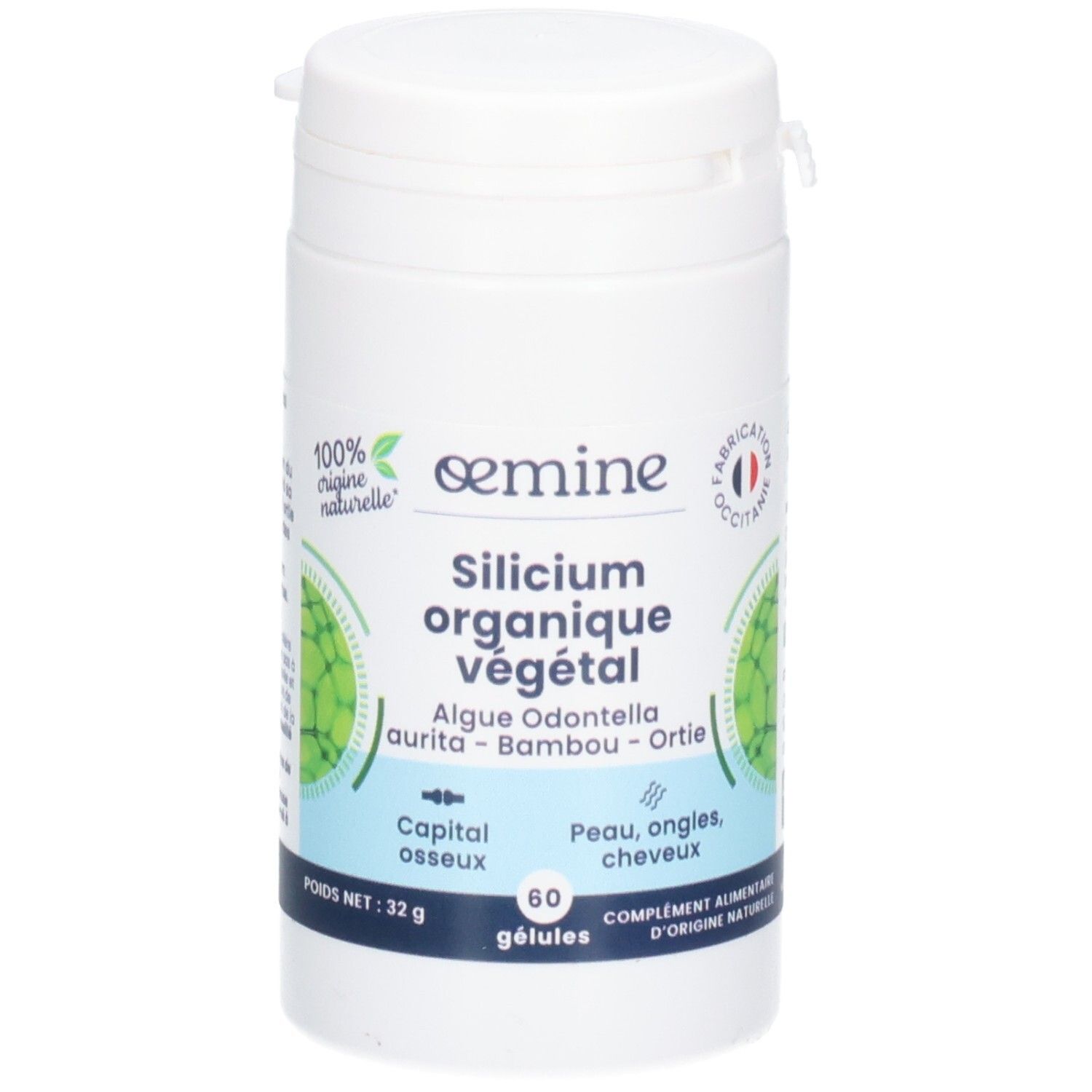 Weiße Dose mit 60 Kapseln "Silicium Organique Végétal". Hergestellt in Okzitanien.