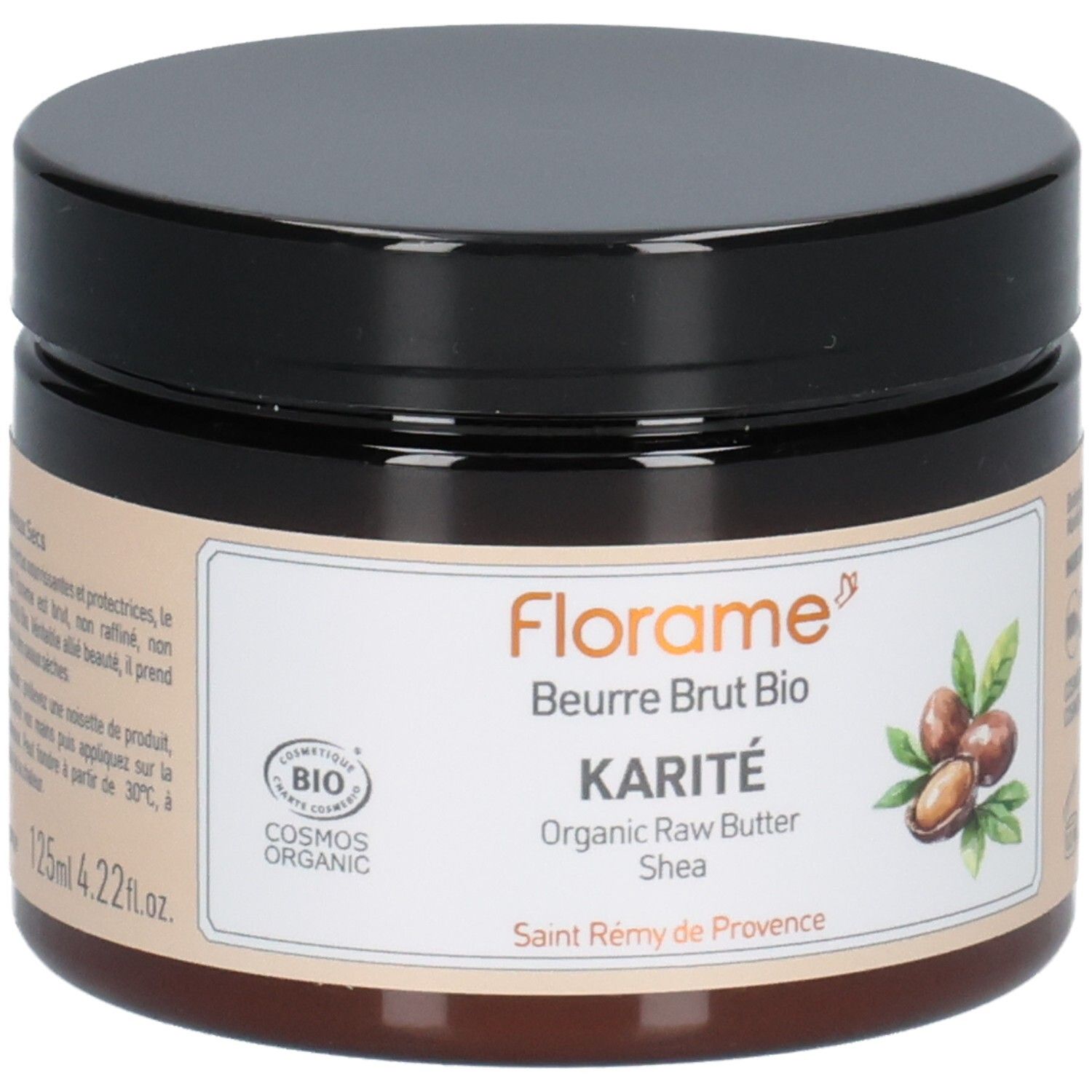 Braune Dose mit schwarzem Deckel. Auf dem Etikett steht Florame, Karité, Beurre brut Bio, Cosmos Organic-Siegel und Abbildung von Sheanüssen.