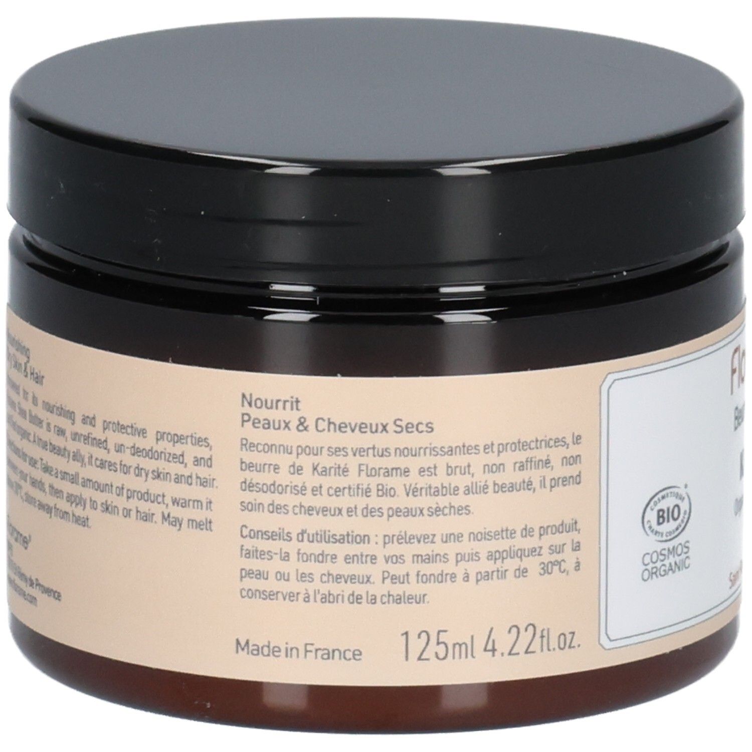 Rückseite der Dose. Text: Nourrit Peaux & Cheveux Secs. Hinweise zur Anwendung. Made in France. 125ml 4.22 fl.oz. Cosmos Organic-Siegel.