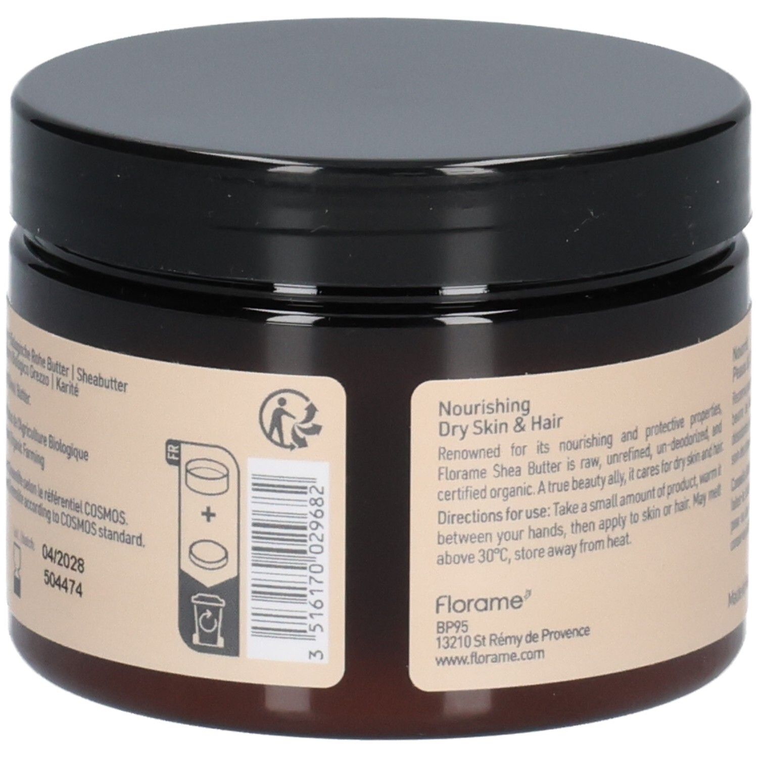 Rückseite der Dose. Text: Nourishing Dry Skin & Hair. Hinweise zur Anwendung. Barcode. Recycling-Symbol. Adresse von Florame.