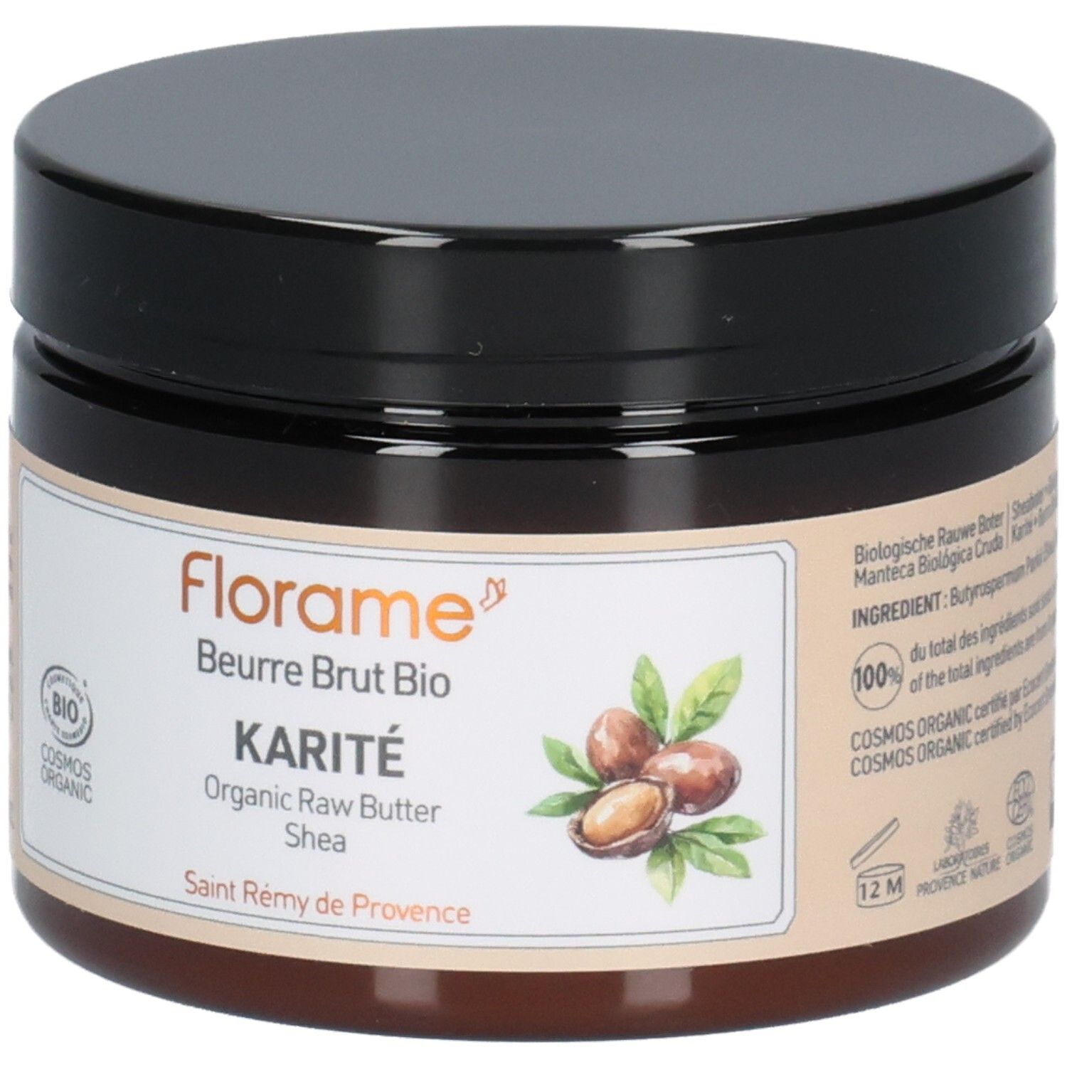 Braune Dose mit schwarzem Deckel. Auf dem Etikett steht Florame, Karité, Beurre brut Bio, Cosmos Organic-Siegel und Abbildung von Sheanüssen.