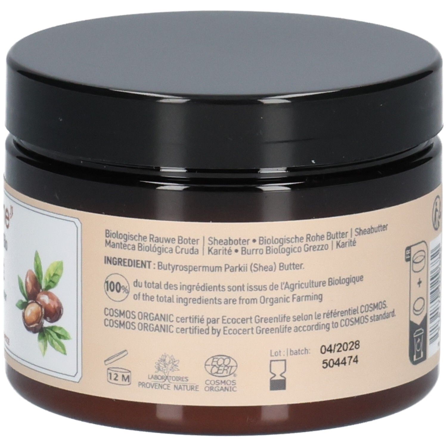 Rückseite der Dose. Text: Inhaltsstoffe. 100% der Inhaltsstoffe aus ökologischem Anbau. Cosmos Organic-Zertifizierung. Haltbarkeit.