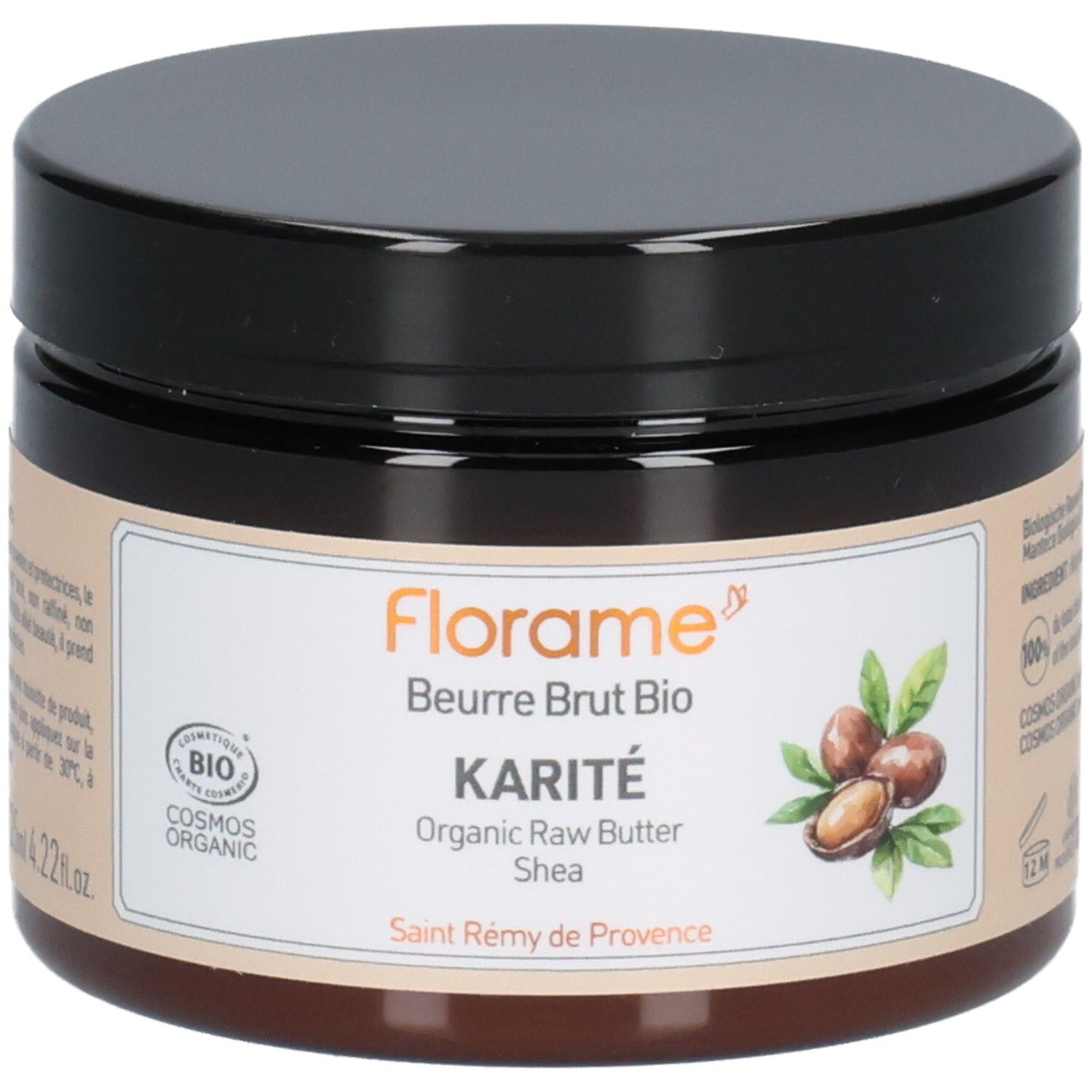 Braune Dose mit schwarzem Deckel. Auf dem Etikett steht Florame, Karité, Beurre brut Bio, Cosmos Organic-Siegel und Abbildung von Sheanüssen.
