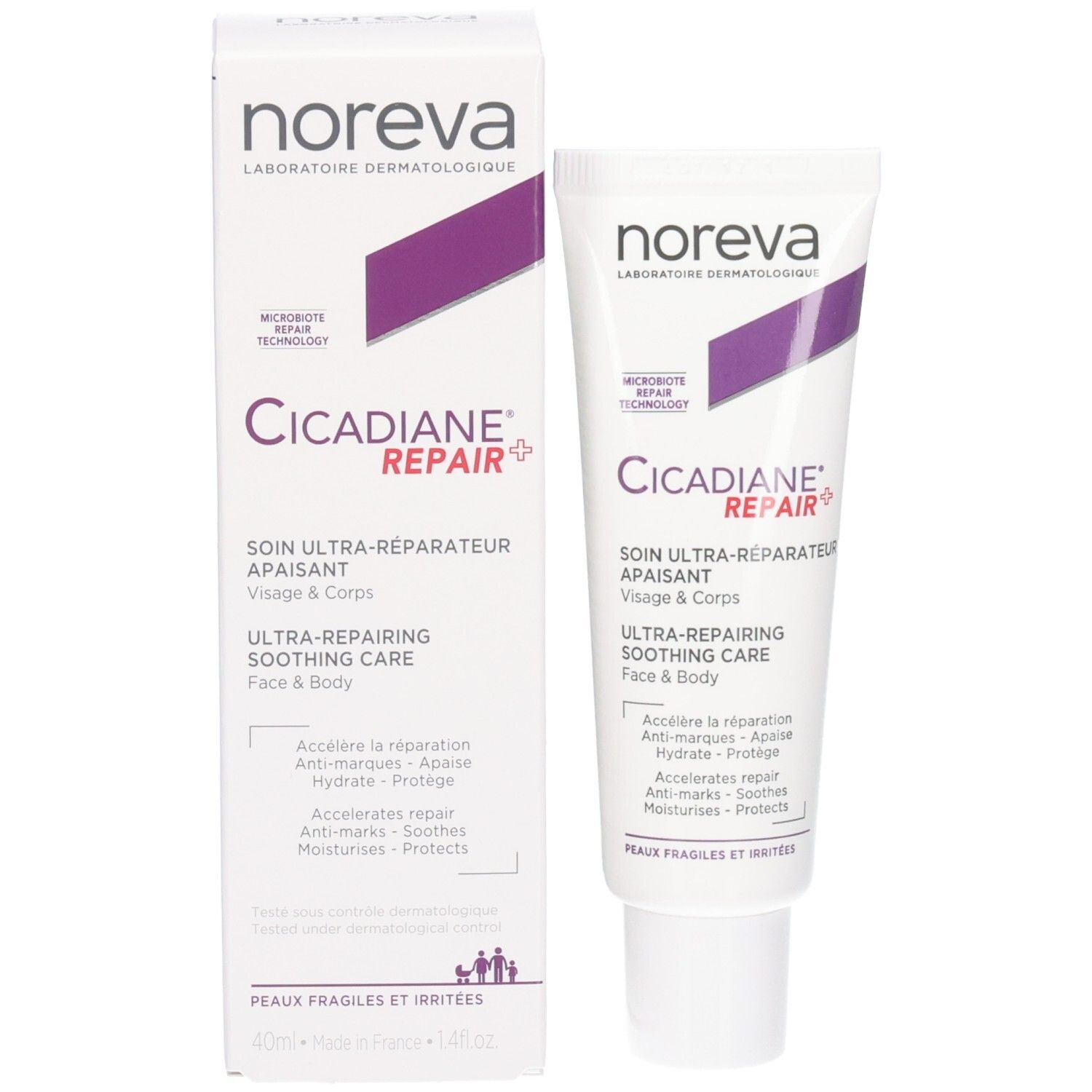 Noreva Cicadiane Repair+ Tube und Faltschachtel. Dermatologische Laborformulierung.