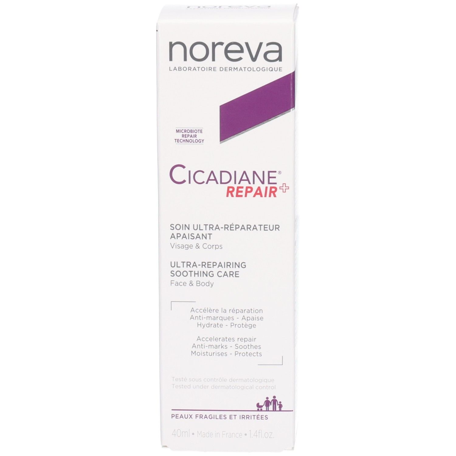 Faltschachtel Noreva Cicadiane Repair+ mit Produktinformationen und lila Akzenten.