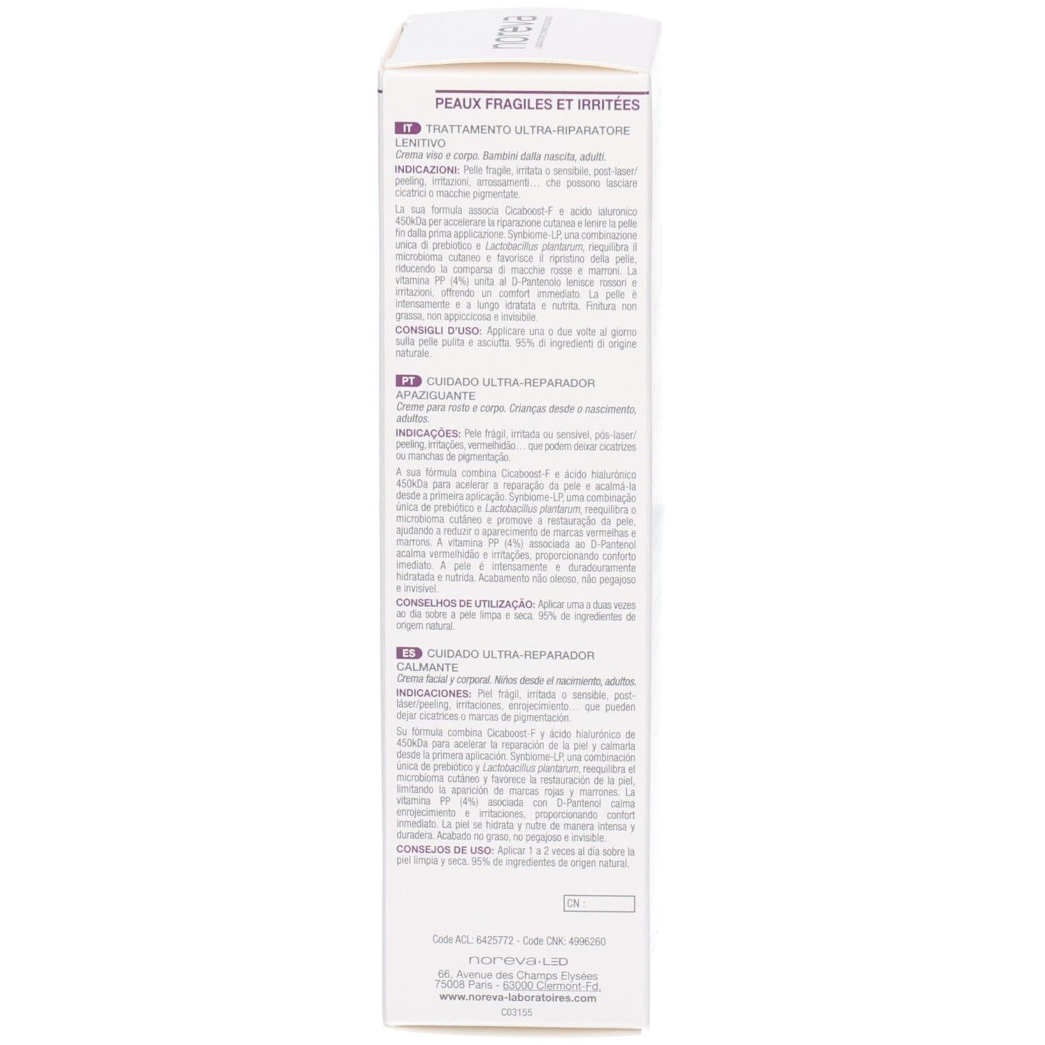 Seite der Faltschachtel Noreva Cicadiane Repair+ mit detaillierten Anwendungshinweisen.