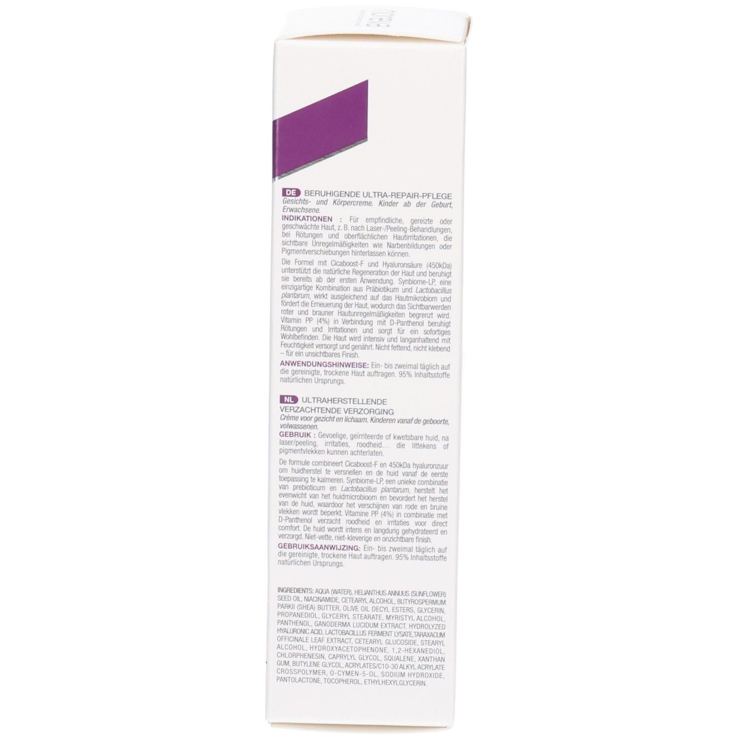 Seite der Faltschachtel Noreva Cicadiane Repair+ mit Inhaltsstoffen und Zertifizierungen.