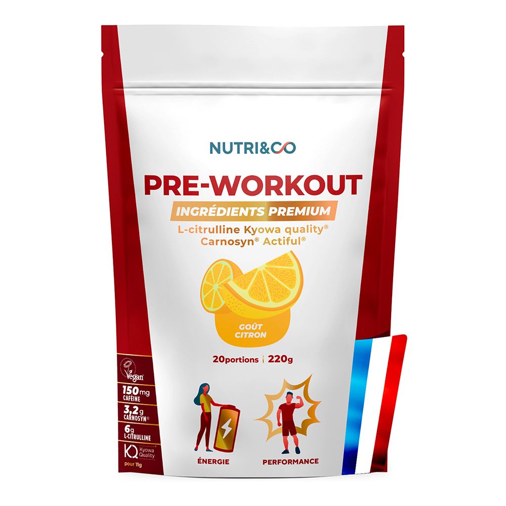 Weiße Tüte mit Nutri & Co Pre-Workout, Zitronengeschmack, 220g. Enthält vegane, Energie- und Leistungs-Icons.