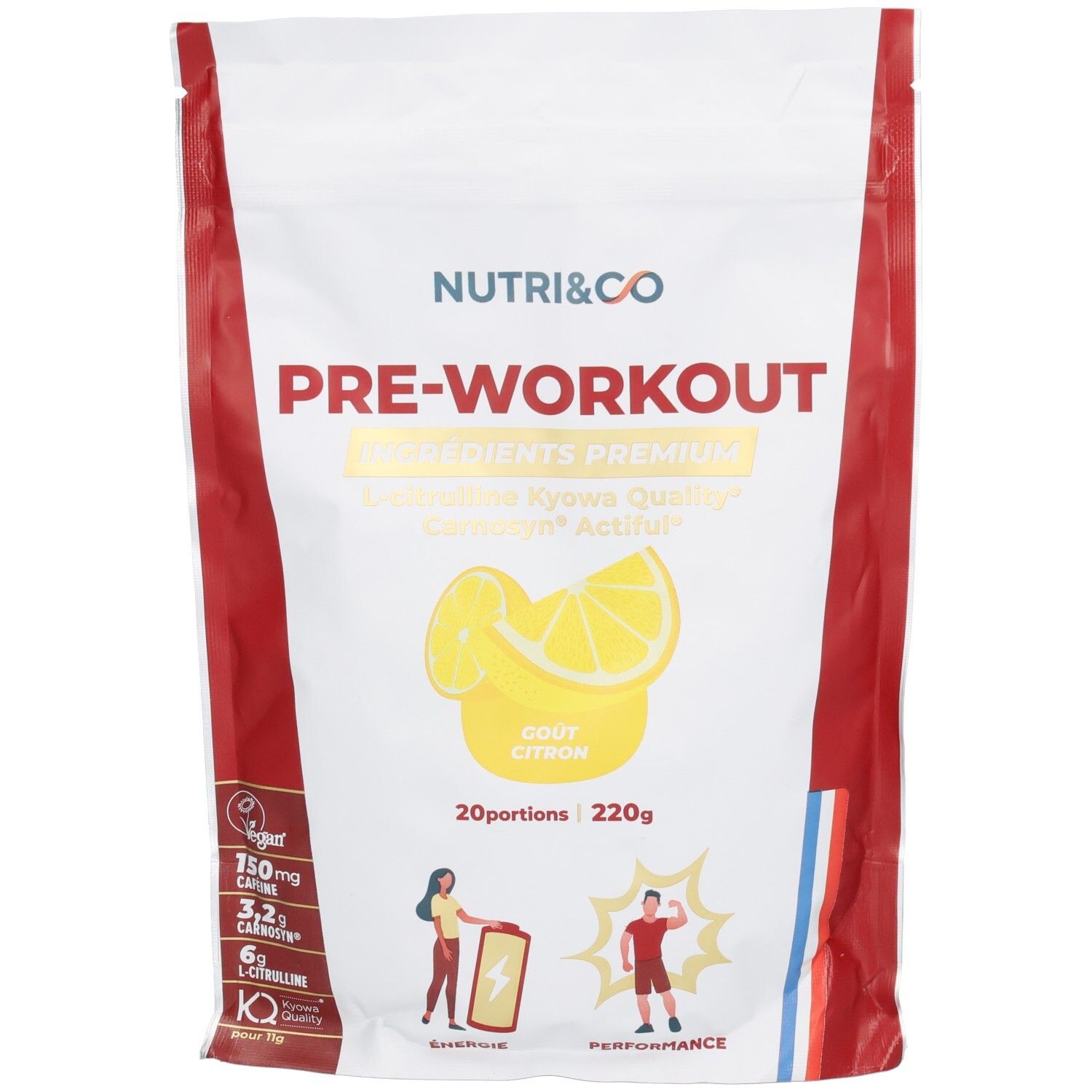 Weiße Tüte mit Nutri & Co Pre-Workout, Zitronengeschmack, 220g. Enthält vegane, Energie- und Leistungs-Icons.