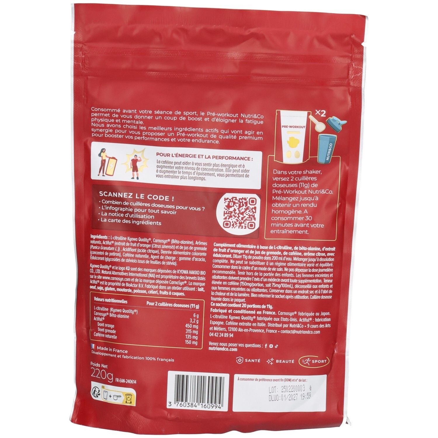 Rückseite einer Nutri & Co Pre-Workout Tüte mit Nährwertangaben und Herkunftsangaben.