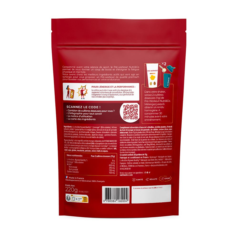 Rückseite einer Nutri & Co Pre-Workout Tüte mit detaillierten Informationen und QR-Code.